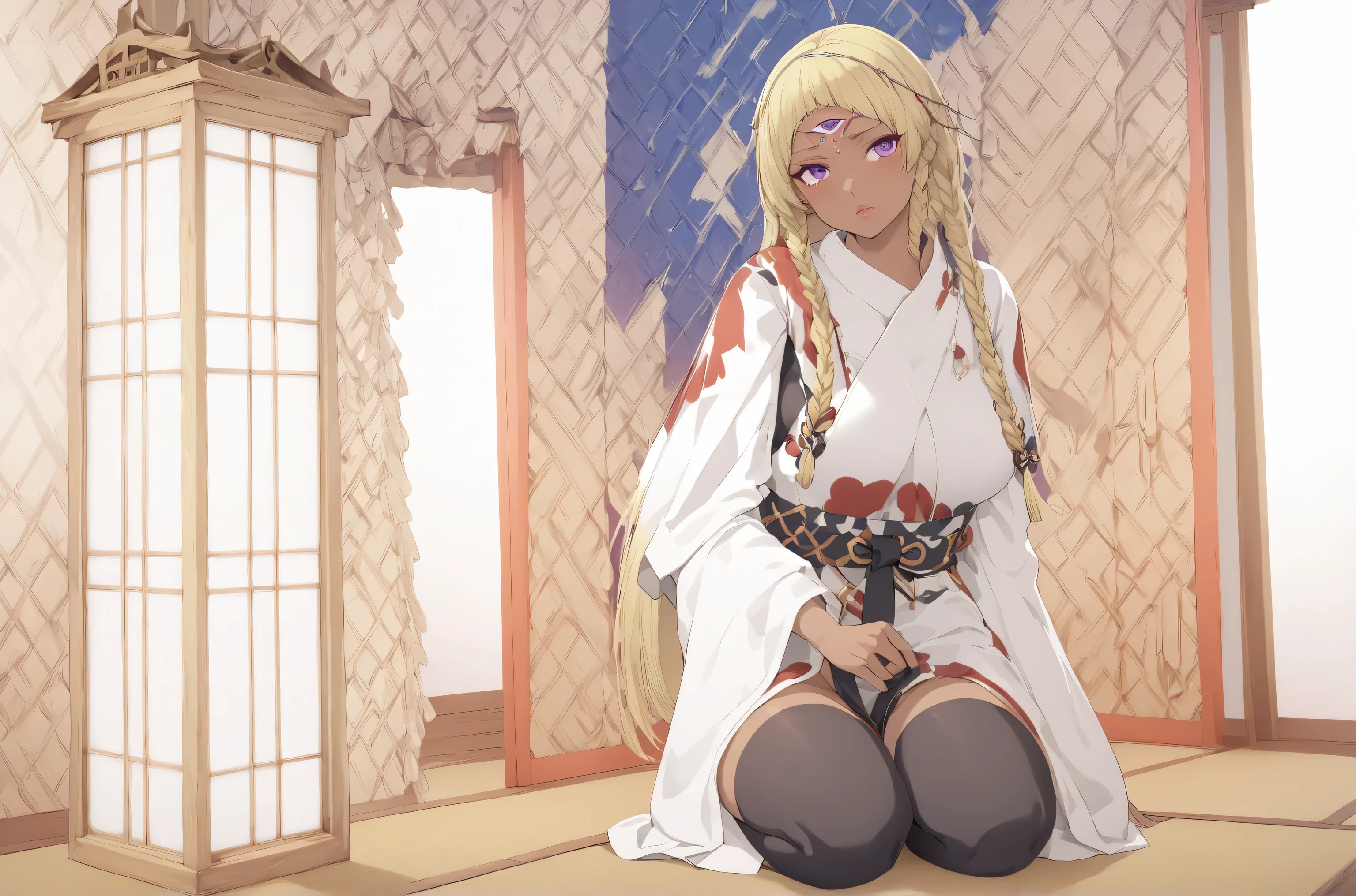 score_9, score_8_up, score_7_up, score_6_up, score_5_up, score_4_up, BREAK source_anime, masterpiece, absurdres, detailed, extra details, extremely detailed, 1 girl, solo, mature female, mature face, perfect composition, detailed lips, medium breasts, beautiful face, body proportion, realistic face and body, gorgeous thighs, goddess body, stunning breasts, (long blond hair with two braids :1.2), (golden hair:1.2), (nsfw:0.7), (nudity:0.7), eupha cosplay, eupha from metaphor refantazio, (large purple eyes), small face, a bit shy, loving look, fix face, long hair, blonde hair, braid, dark skin, (whole body has dark skin tone:1.2), (one horizontal third eye on the forehead), anime, the eye on the forehead is anatomically correct, (green leggings:0.75), (poncho:1.1), circlet, tribal patterns, 1 girl, solo, demon summoner, alone, Japanese shrine, shrine maiden costume, kneeling