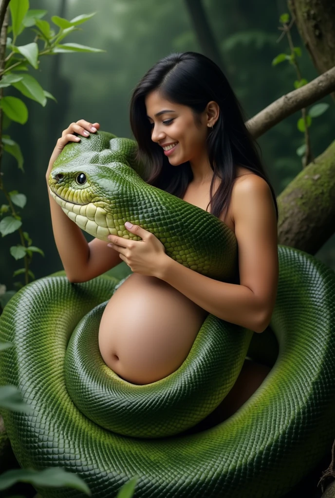 Pregnant Happy Horny, aroused 1girl), beautiful indian young teen girl wearing pink thong with giant colossal Kaa monster squeezing her hard, wrapped in thick spiraling coils, constricted, struggle, gasping for air, snake attack, snake peril,