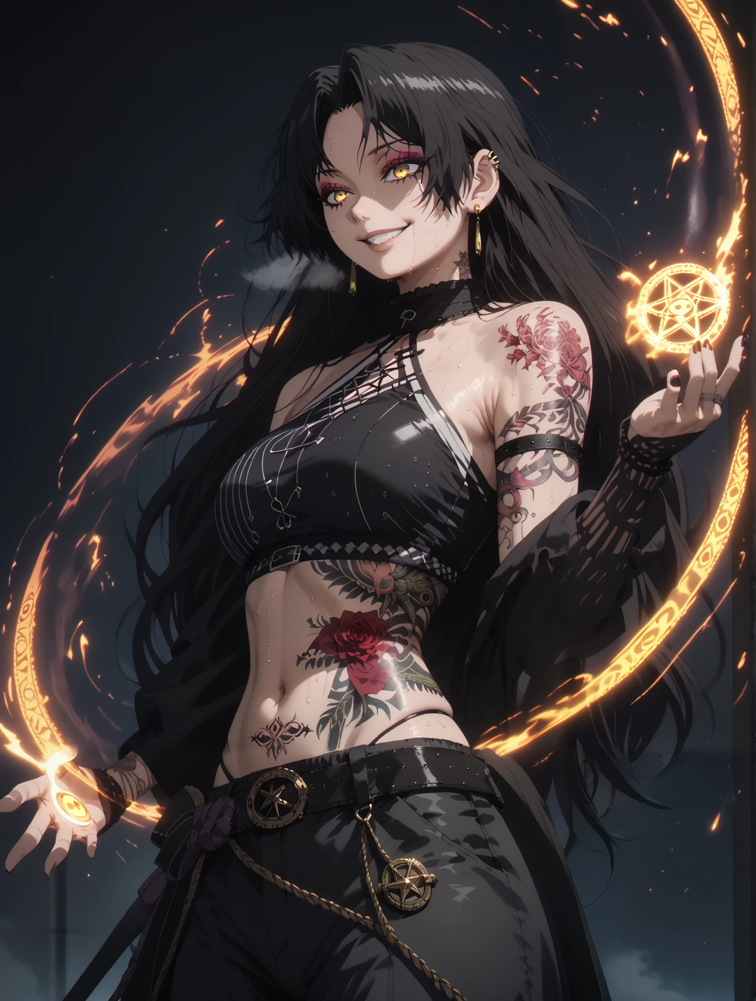 asura style, score_9, score_8_up, score_7_up, score_6_up, uncensored, dominique de sade, long hair, ((black hair, parted bangs)), yellow eyes, huge breasts, black pupils, anime coloring, anime screencap, (voluptuous:1.3), (thick:1.3), BREAK UHD, retina, masterpiece, accurate, anatomically correct, textured skin, super detail, high details, high quality, award winning, best quality, highres, 4K, excessive sweating, sweating, sweating drop, (gasping, heavy breathing:1.3), (skindentation:1.2), perfect eyes, beautiful eyes, eyelashes, makeup, detailed body, perfect body, BREAK, (aura:1.4), 1girl, tattoo, solo, navel, magic, belt, midriff, arm_tattoo, crop_top, magic_circle, jewelry, stomach_tattoo, earrings, piercing, pants, evil grin, pentagram, ear_piercing, gloves, scar, breasts, bare_shoulders, looking at viewer