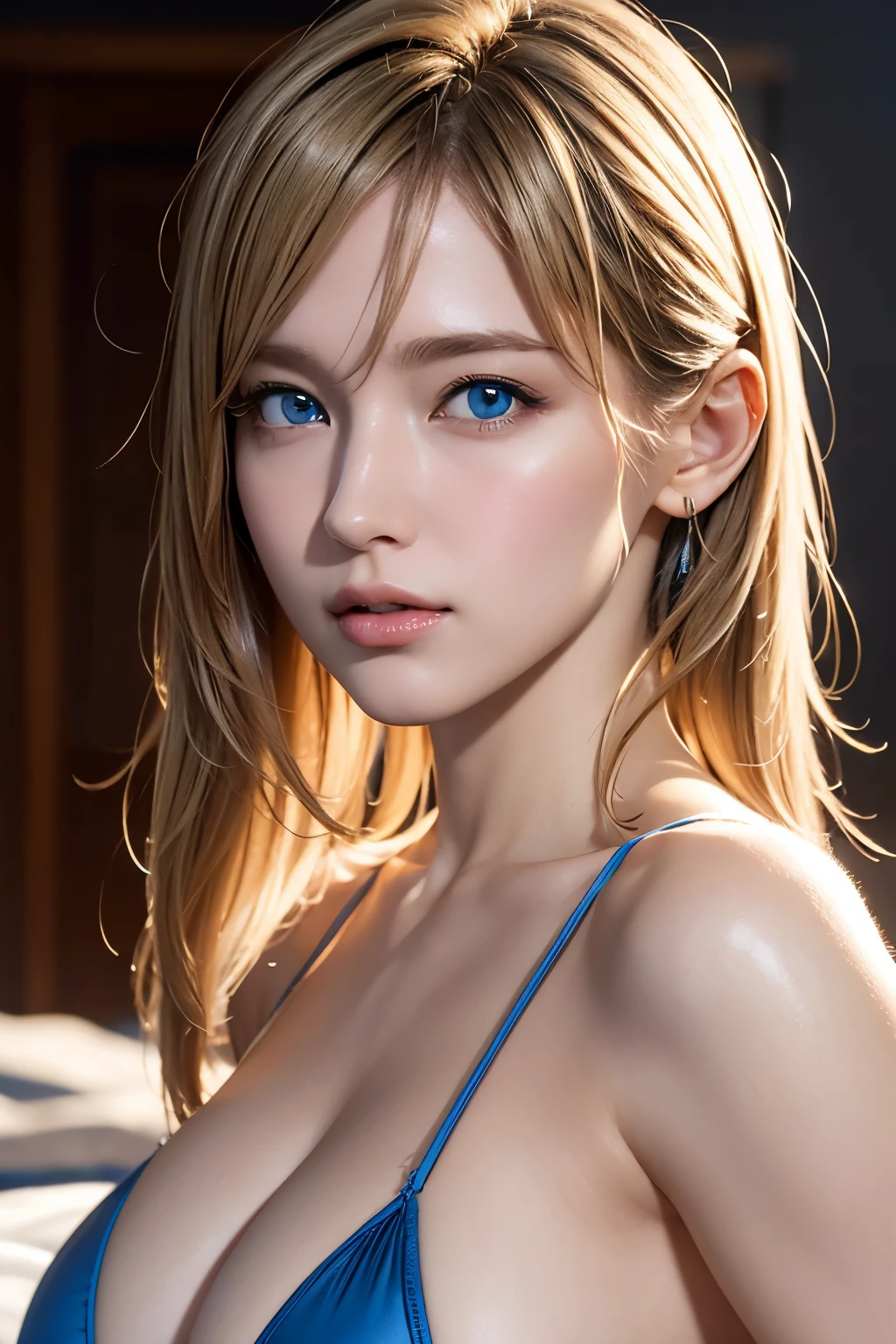 Elegant mature woman, milf, blue eyes, blonde hair, soft light, high detailed, 4k resolution, high quality, beautiful cg,
