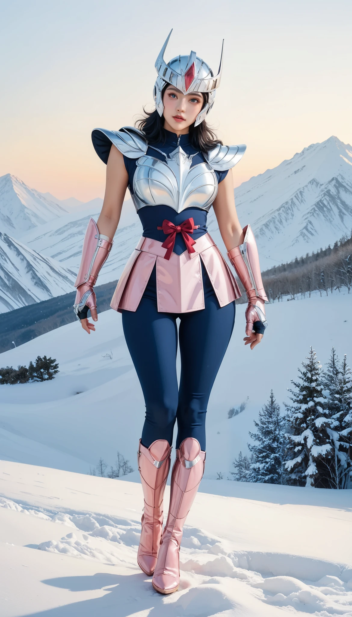 full body,score_9,score_8_up,score_7_up,8k,pretty face,detailed face,detailed eyelashes,heavy make-up,dynamic pose,outdoors,sunset,snow mountain,large breasts,slim waist,wide hips,1girl,((intricate)), 1gikki,short hair,armor,helmet,black hair,high heels,boots,breastplate,blue corset,pink armor skirt,blue leggings,fingerless gloves,gloves,shoulder armor,pauldrons,gauntlets