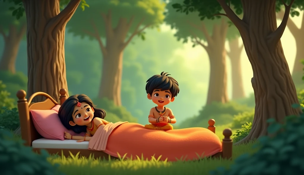 Creat in 3D animation style,"An animated scene of Hanuman, in a small form, sneaking into the lush and vibrant Ashok Vatika. The garden is full of colorful flowers, tall trees, and flowing vines. Hanuman is perched on a tree branch, carefully observing the surroundings as he spots Mata Sita sitting beneath a large tree."