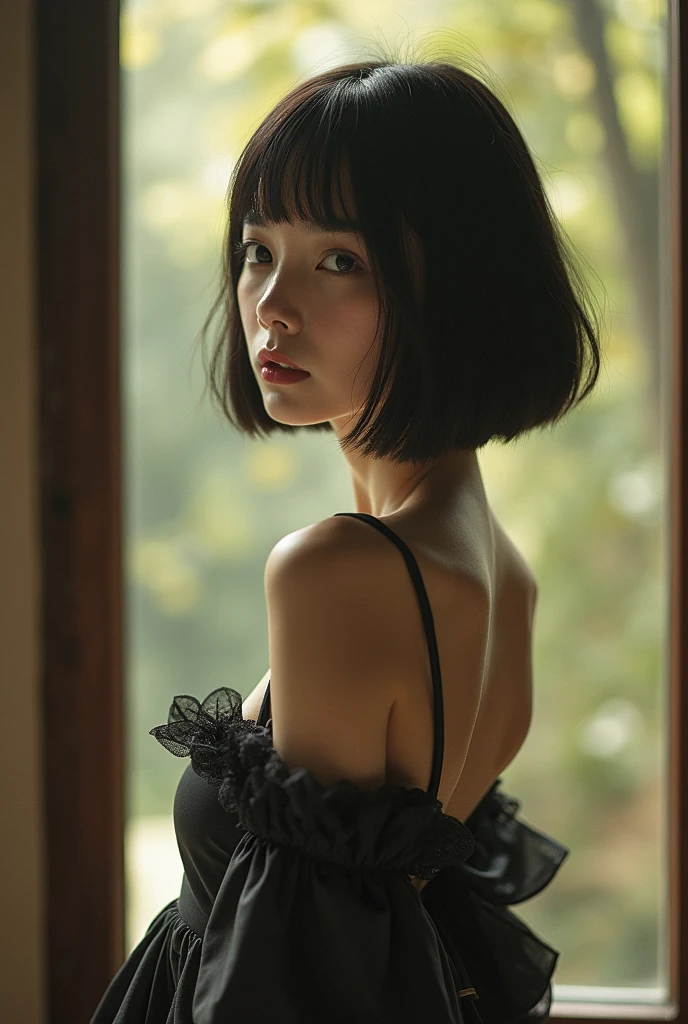 (Best quality, 8k, 32k, Masterpiece, UHD:1.2) "Generate a captivating artwork featuring a young Japanese girl model with short, sleek black hair styled in a chic bob haircut. Envision her bathed in dramatic cinematic lighting, creating an atmosphere of allure and mystery. Emphasize a romantic aesthetic vibe, showcasing the model in a poised and elegant pose that evokes a sense of intimacy and sophistication. Utilize warm and soft tones to enhance the romantic ambiance, and consider incorporating elements like flowing fabrics or flowers to add a touch of ethereal beauty. Capture the essence of romance and beauty through the model's expression, the play of light and shadows, and the overall aesthetic, creating a visually compelling and emotionally resonant piece." (perfect eyes), flawless skin, flawless face, cinematic, tight body, ((well-proportion female hands)), ((female hands with five digits)) ((Body is well proportioned)), ((chic bob haircut)),