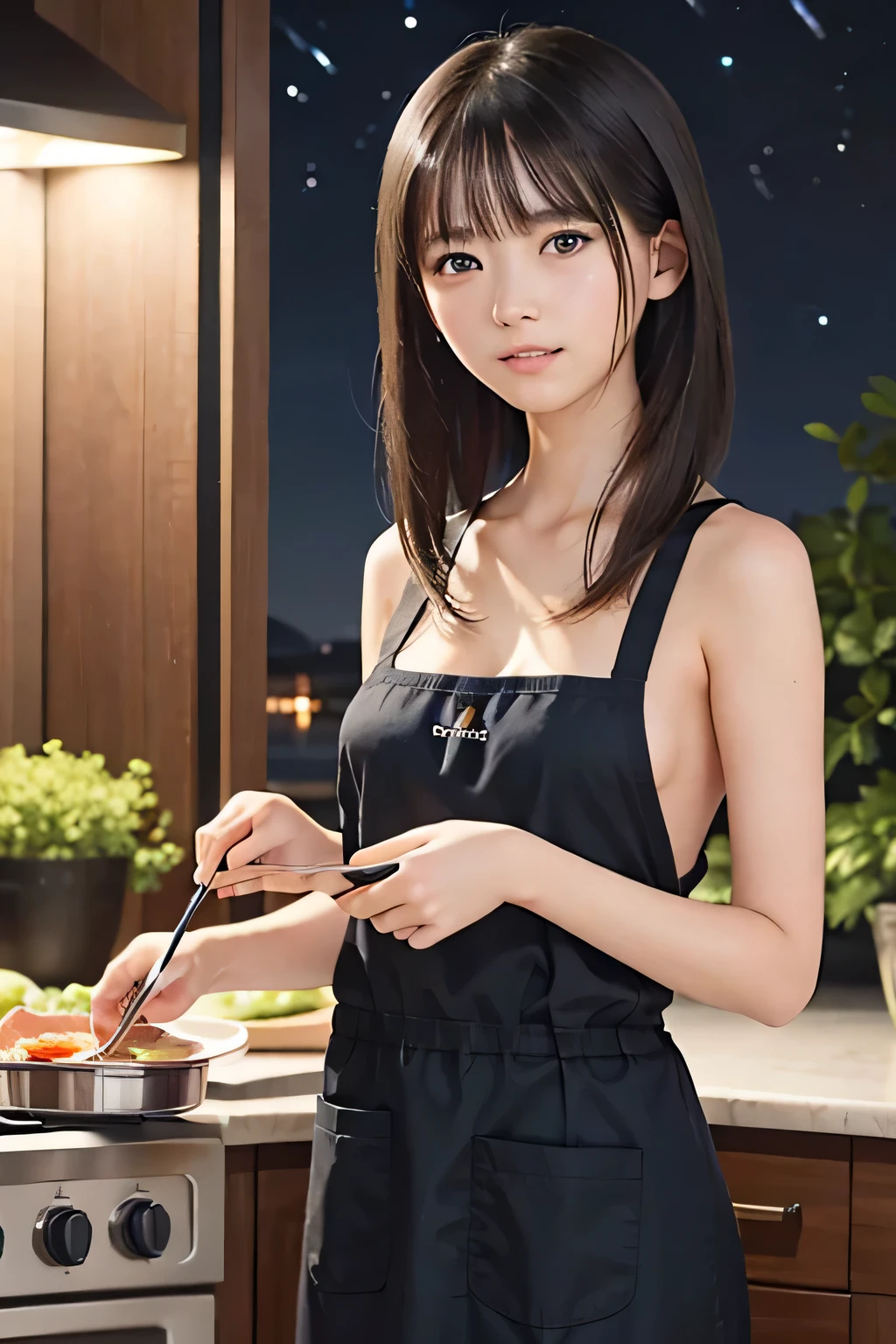 Ultra HD、Highest quality、Young wife in the kitchen、Super detailed、Particles of light:0.5、Shiny and smooth skin texture、、Beautiful Eyes、、Natural Texture、Short Hair、、Mature slender beauty、Small breasts、Dignified face、Naked Apron、Bare buttocks、Tight ass