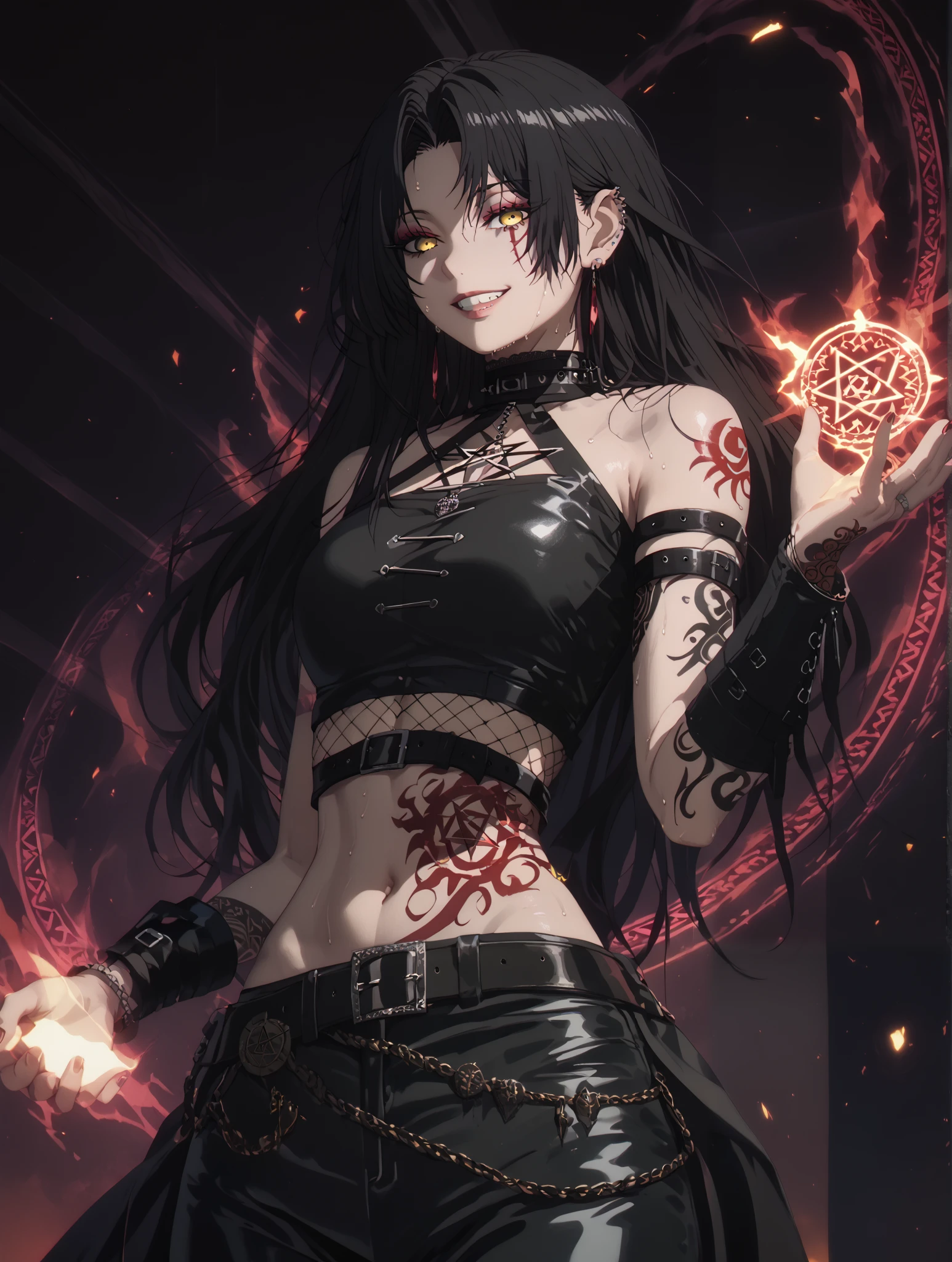 asura style, score_9, score_8_up, score_7_up, score_6_up, uncensored, dominique de sade, long hair, ((black hair, parted bangs)), yellow eyes, huge breasts, black pupils, anime coloring, anime screencap, (voluptuous:1.3), (thick:1.3), BREAK UHD, retina, masterpiece, accurate, anatomically correct, textured skin, super detail, high details, high quality, award winning, best quality, highres, 4K, excessive sweating, sweating, sweating drop, (gasping, heavy breathing:1.3), (skindentation:1.2), perfect eyes, beautiful eyes, eyelashes, makeup, detailed body, perfect body, BREAK, (aura:1.4), 1girl, tattoo, solo, navel, magic, belt, midriff, arm_tattoo, crop_top, magic_circle, jewelry, stomach_tattoo, earrings, piercing, pants, evil grin, pentagram, ear_piercing, gloves, scar, breasts, bare_shoulders, looking at viewer