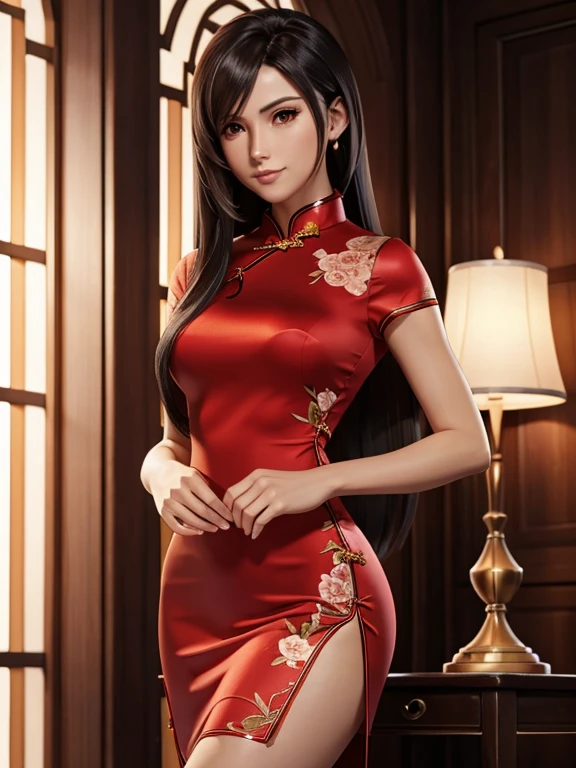 (((masterpiece, official art, extremely detailed CG unity 8k wallpaper))), (masterpiece:1.2, best quality), realistic, (((ultra detailed))), 1girl, slim figure, petite body, beautiful bodycurves, (red tight-fitting cheongsam:1.5), beautiful shoulders, meticulous facial features, golden ratio figure, slender waist, beautiful hips, peach-shaped buttocks, elegant temperament, graceful posture, soft long hair, elegant and poised, (black-stocking:1.5), face details, Half body, front Face, Charming smile, red, silk stockings, smile, tsurime, (photorealistic:1.4), illustration, Surrealism, ray tracing, best quality, (((best quality))), (((masterpiece))), UHD, high details, super detail, highres, 8k, high quality, high details, textured skin, ccurate