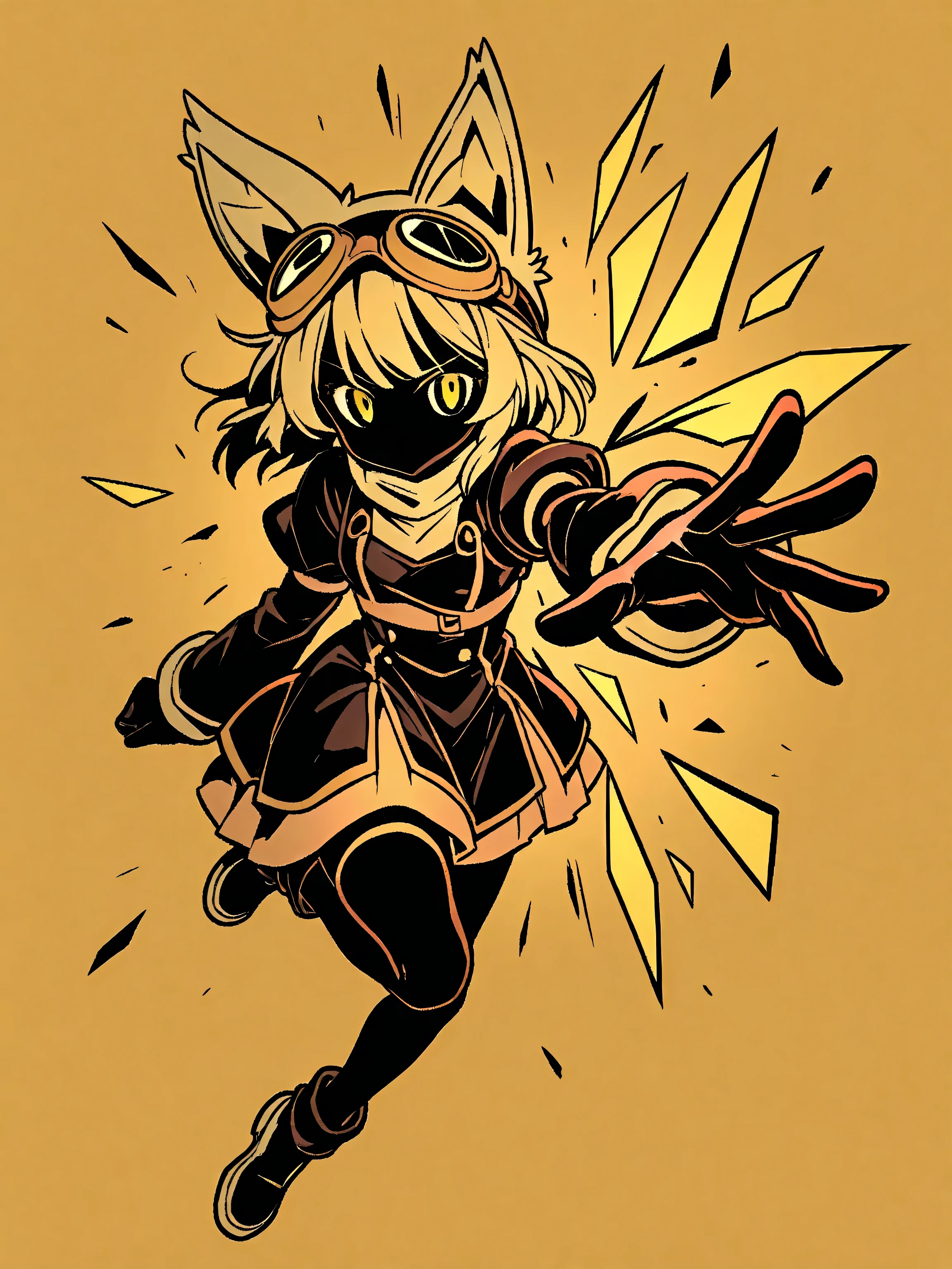 Goggle and nekomimi girl, The Beginning of All Things, reaching for shards of water drawing the body away, dynamic form, expressed in full, seven-colored radiance, bold contours in high contrast as if traced by a magic pen, shadows beautifully deepened