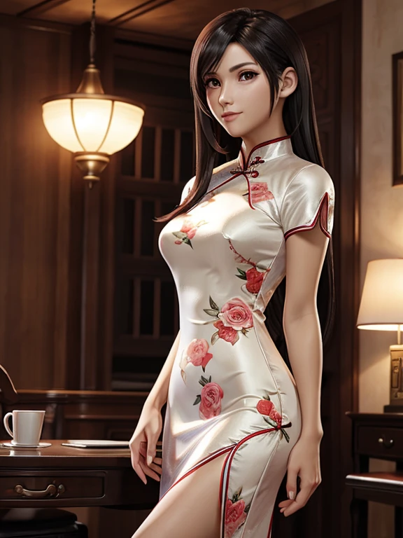 1 woman, beautiful Chinese woman, 25 years old, long hair with bangs, porcelain skin, thighs, brown eyes, round breasts, wearing embroidered short_cheongsam, masterpiece, ultra HD, realistic masterpiece, blurred background, relaxed poses, full lips, perfect hands, perfect eyes, perfect face, perfect details, sharp focus