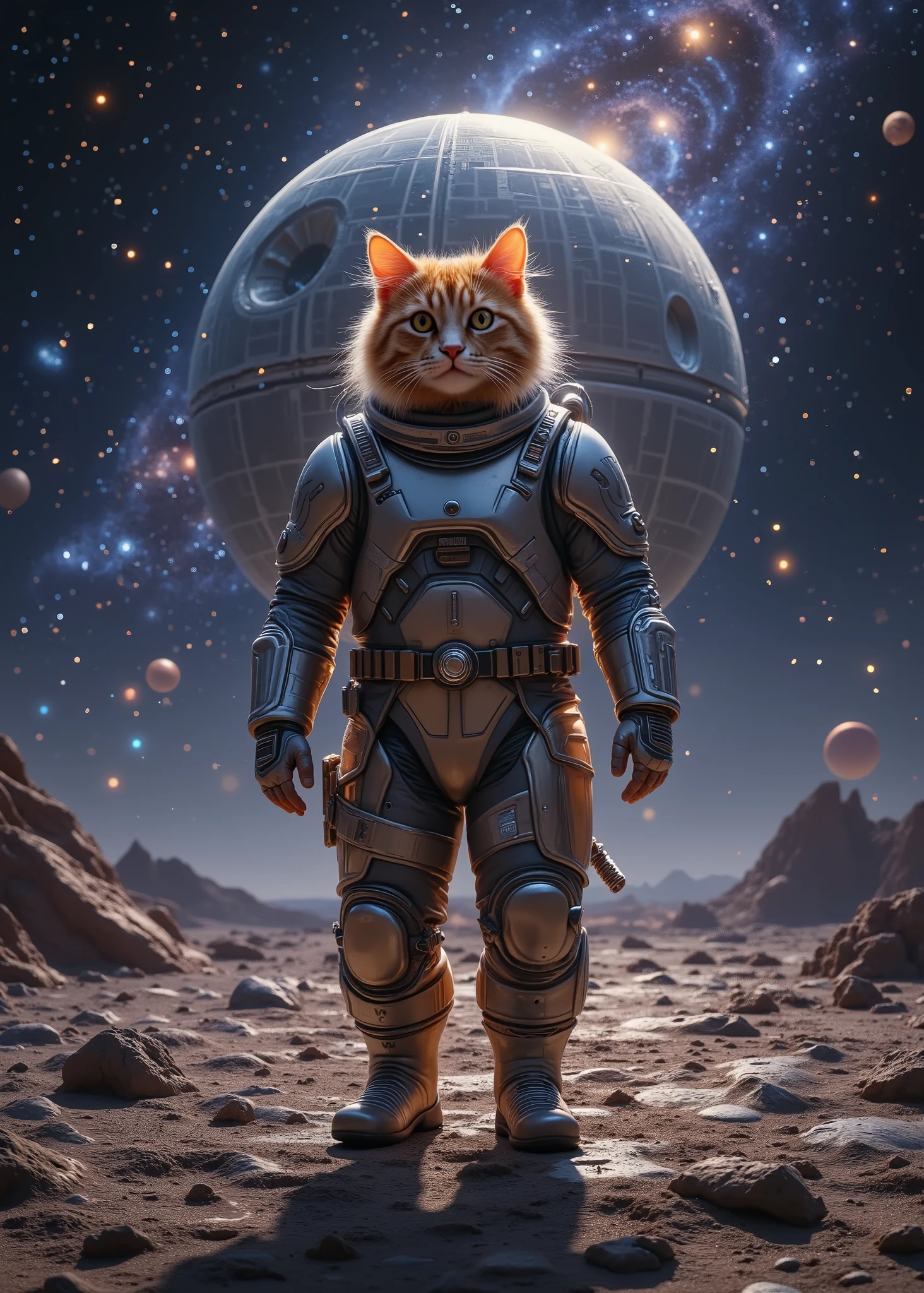 Cat standing on the Death Star 、 poses in a spacesuit、The background is the galaxy