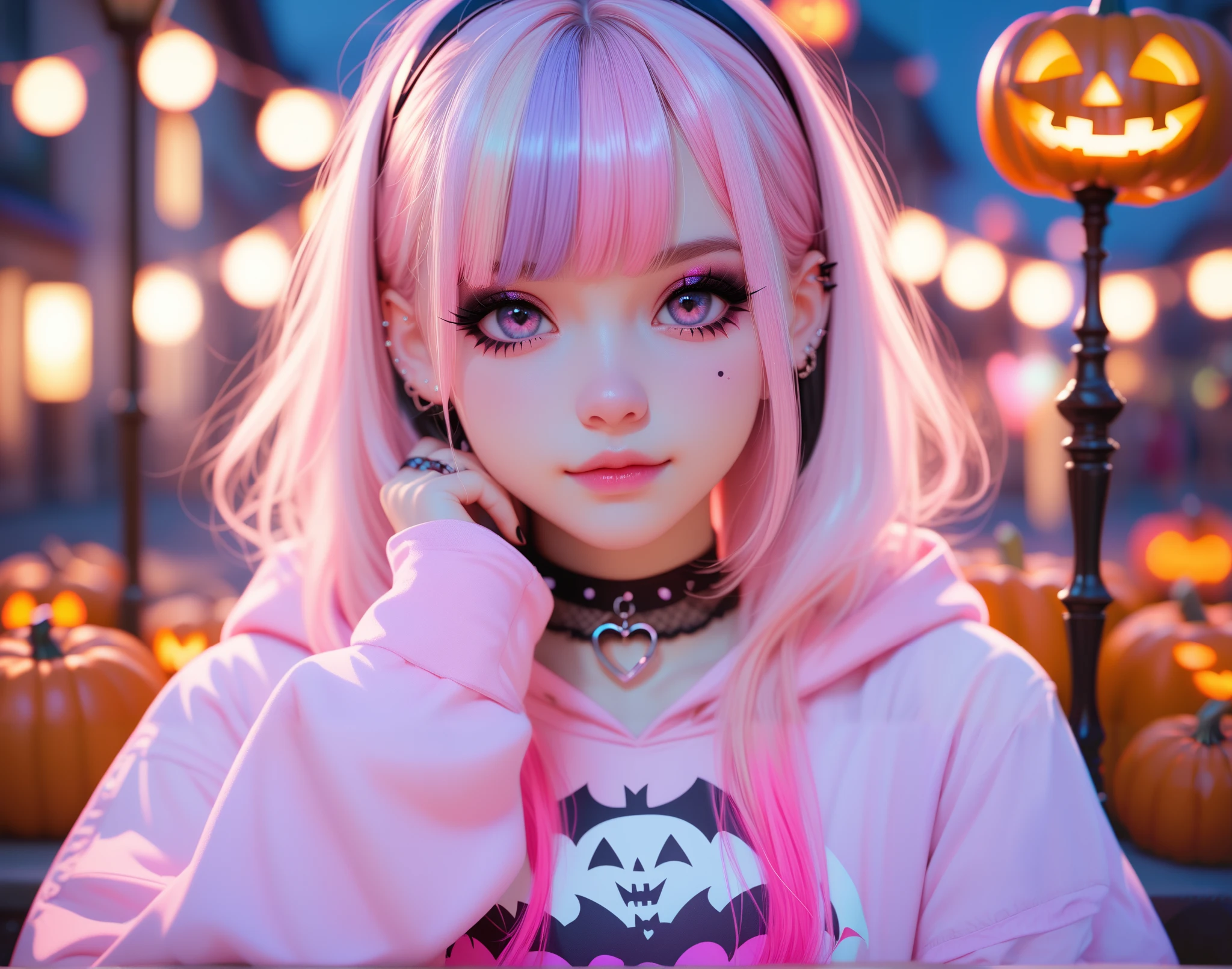 masterpiece, absurdres, Cute style, gothic girl wearing pink hoodie, Halloween,closed mouth, well lit, pastel goth, 12k, ultra-detailed