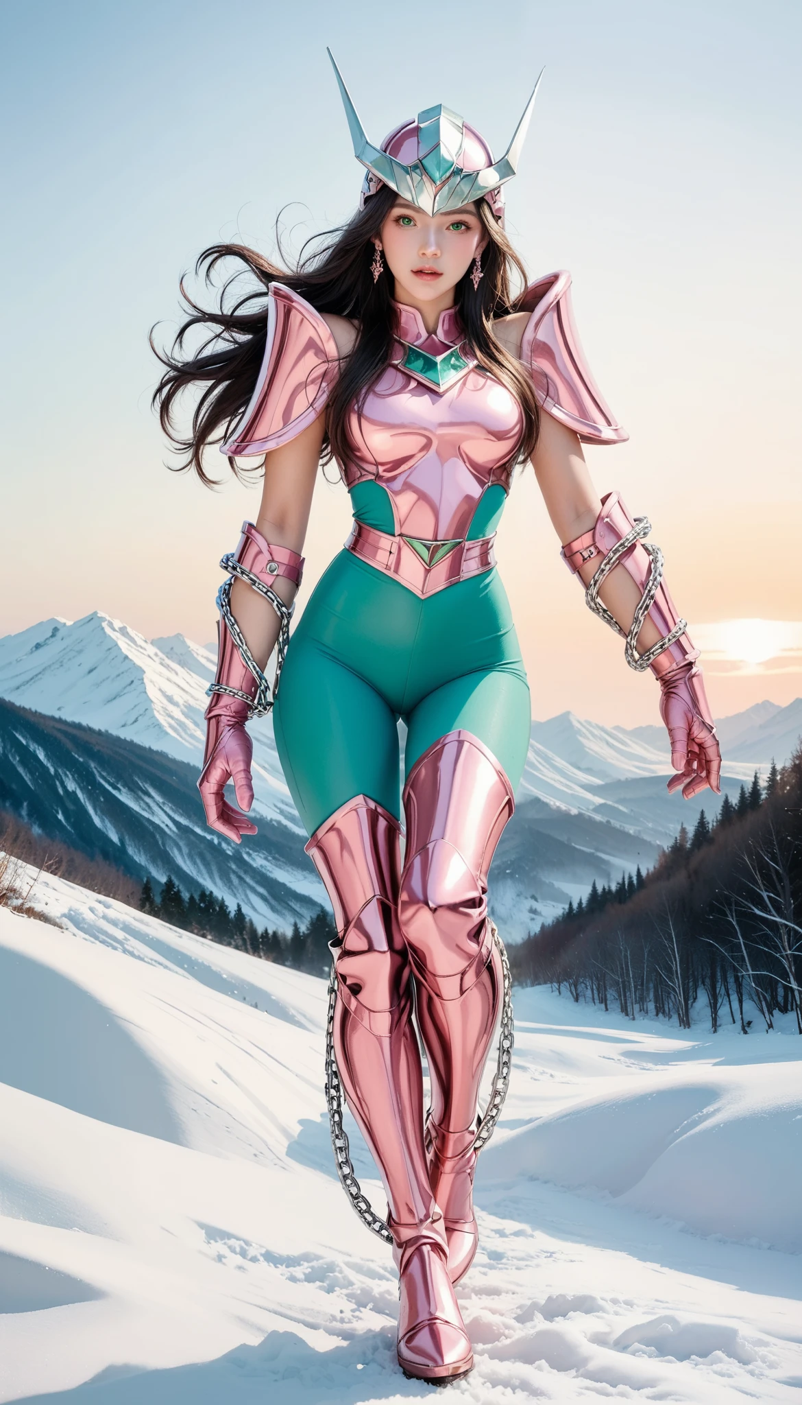 full body,score_9,score_8_up,score_7_up,8k,pretty face,detailed face,detailed eyelashes,heavy make-up,dynamic pose,outdoors,sunset,snow mountain,large breasts,slim waist,wide hips,1girl,((intricate)), 1gshun,pink armor,green leggings,armor,green hair,long hair,breasts,boots,helmet,gloves,gauntlets,pauldrons,armored boots,shoulder armor,chain,skin tight,vambraces,thigh boots,pink gloves,greaves,breastplate,earrings,shoulder pads,bodysuit,green eyes,