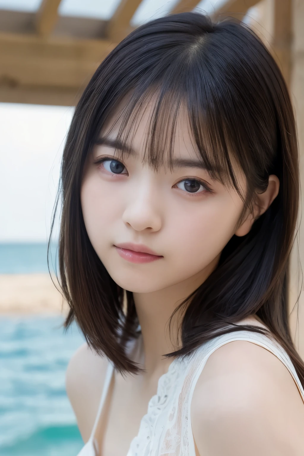  photos、 masterpiece、 top quality、 high resolution、 and the background is a summer sky and summer sea、I can see the horizon、A beautiful Japanese woman is standing on a summer beach、（white tight see-through blouse、 sleeveless）、(Big Tits:1.3)、Soft Breasts 、( cleavage)、 cute乳首、 small nipples、１Beautiful Japanese Girls、 Japanese style、A neat and beautiful woman、 intelligent beauty、Smart Beauties 、24 years old、 cute、 Japanese idol 、Round face、、Fair skin、 crystal clear white skin、 gentle smile 、細いつり目が cute、Single eyelid、 long, slender eyes、涙袋が cute、Thin nose bridge、 thin lips、 small mouth、 lips are slightly open 、 natural makeup 、 boyish short hair that makes a full turn、 black hair