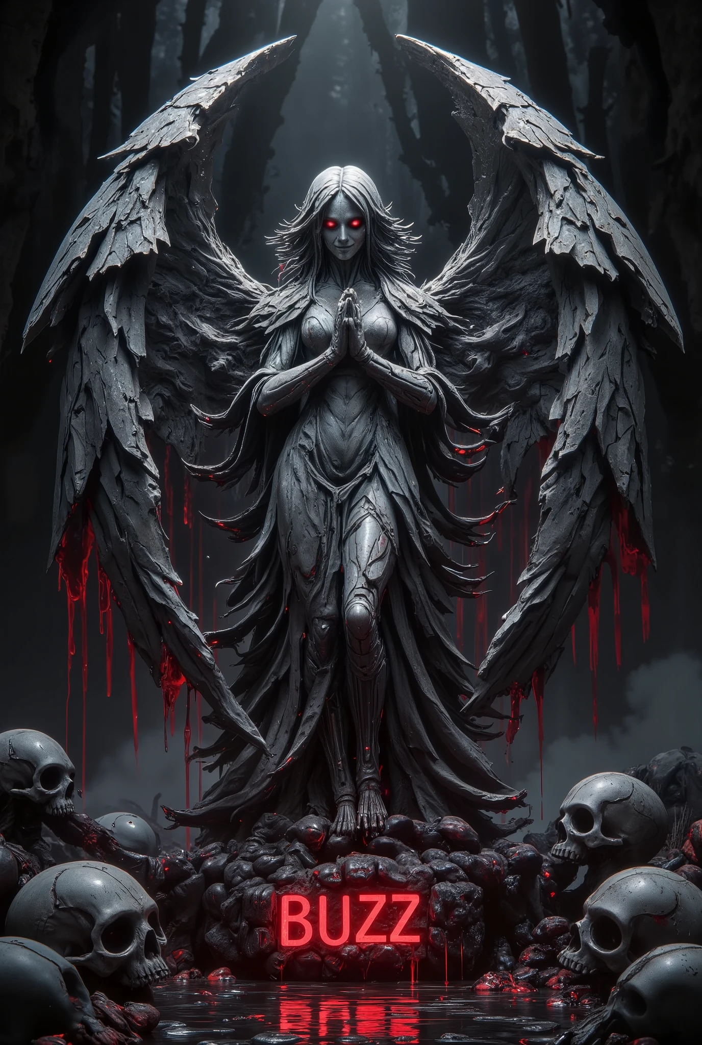 UHD, masterpieces, stone statue of a beautiful angel praying with her hands folded standing smiling evilly and her beautiful large wings outstretched, with a lot of red liquid flowing from her eyes, horror mood.deep dark forest with no lights at all, black mist, surrounded by tattered skulls, "BUZZ" red liquid's words appear on the ground