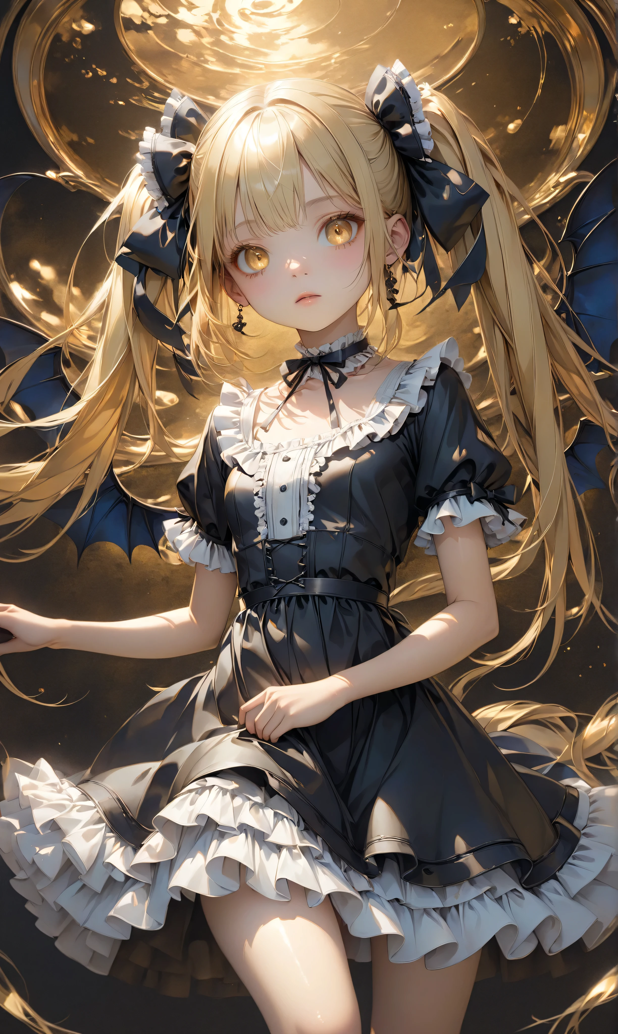 Masterpiece, high quality, high resolution, 16K, 3D, meticulously painted background, Makoto Shinkai illustration, hyperrealistic, haunting visual spectacle, vivid colours, cinematic lighting, digital painting, gold tone, ite girl, full body, small breasts, beautiful face, long eyelashes Beautiful skin, golden eyes, blonde twin tails, partially transparent fabric, beautiful skin, light-inspired gothic Lolita style dress