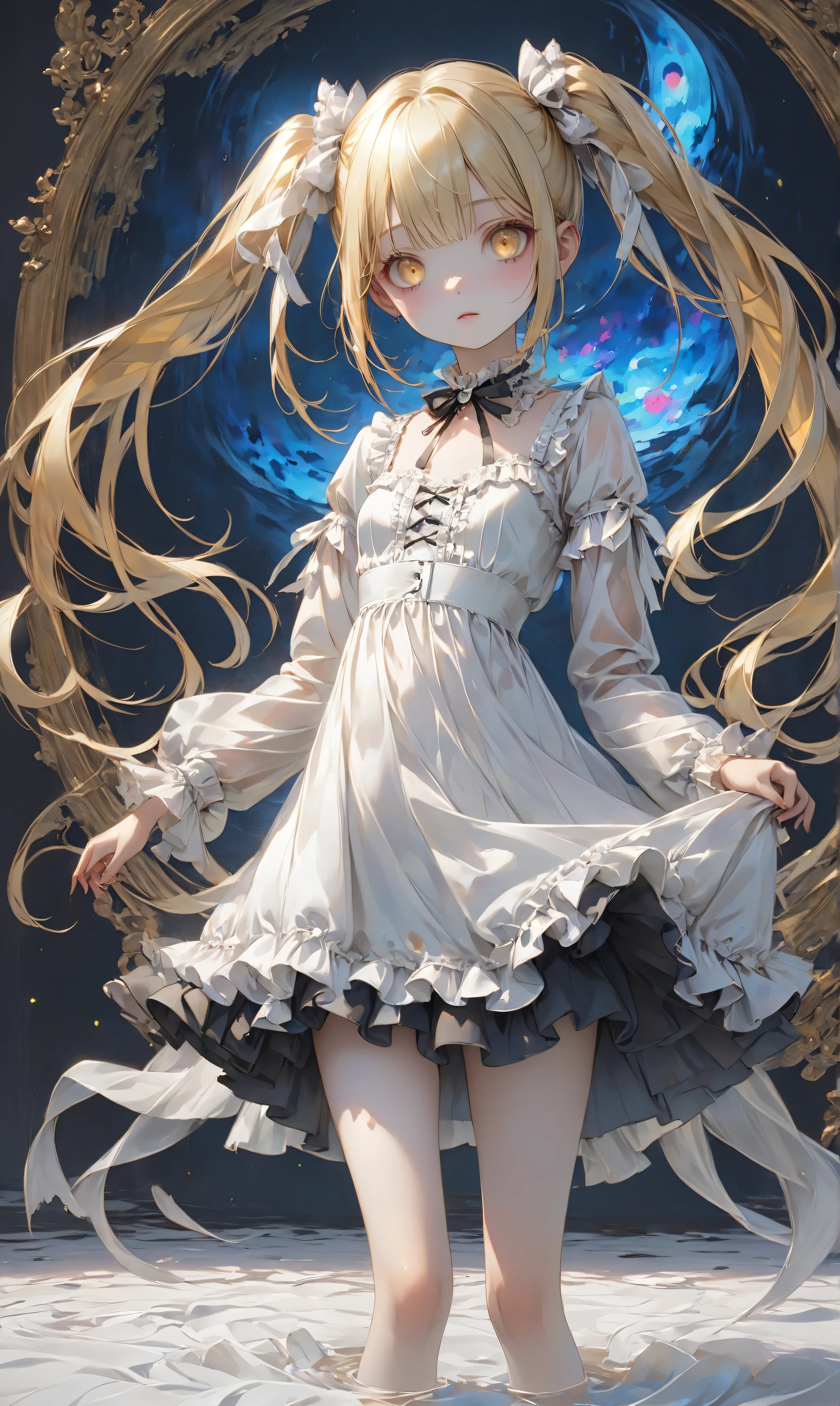 Masterpiece, high quality, high resolution, 16K, 3D, meticulously painted background, Makoto Shinkai illustration, hyperrealistic, haunting visual spectacle, vivid colours, cinematic lighting, digital painting, gold tone, ite girl, full body, small breasts, beautiful face, long eyelashes White skin, golden eyes, blonde twin tails, partially transparent fabric, beautiful skin, light-inspired gothic Lolita style dress