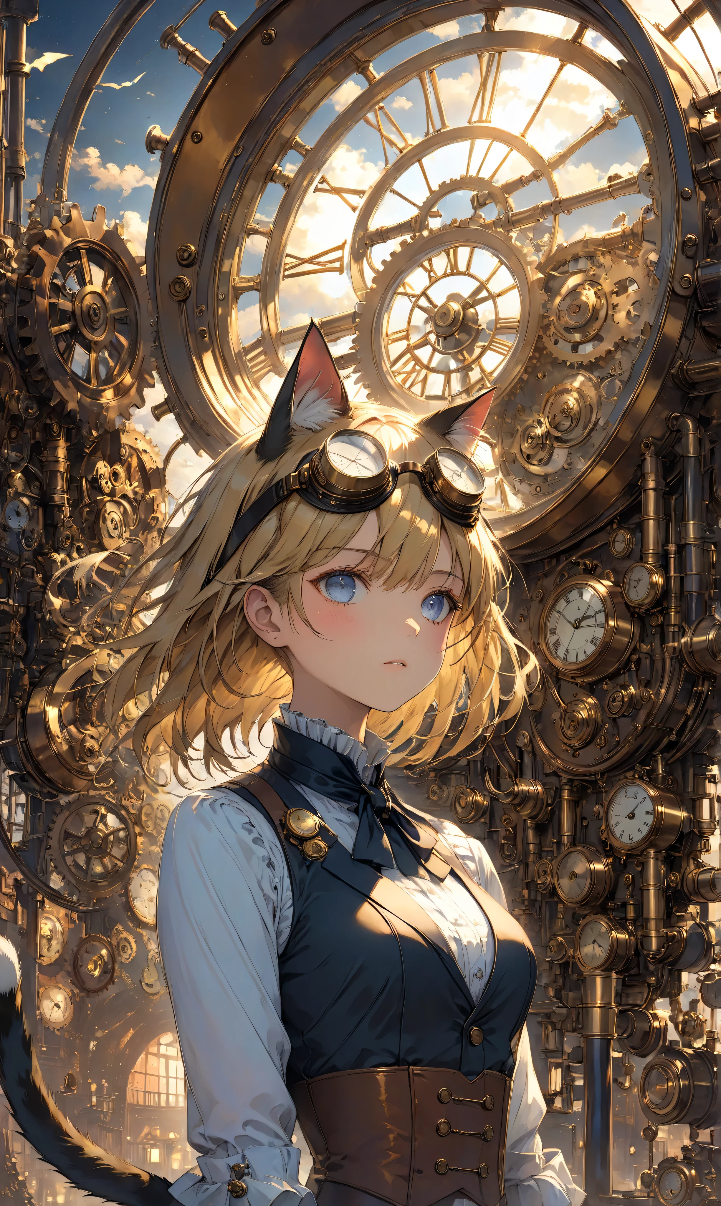 Masterpiece, high quality, high resolution, 16K, 3D, meticulously rendered backgrounds, Makoto Shinkai illustrations, hyperrealistic, haunting visual spectacle, vivid colours, cinematic lighting, digital painting, in a Victorian-era steampunk town, wearing brass-rimmed goggles, A wise black female cat detective in a small waistcoat, beautiful face, long eyelashes, golden hair, cat examines a pocket watch surrounded by intricate gears and steam pipes, misty atmosphere, warm golden lighting creates a mysterious atmosphere, ultra-detailed, whimsical Steampunk aesthetic, cinematic lighting