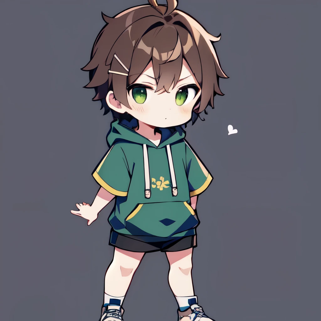 chibi, hair, Is wearing a hoodie , full body, Confident expression, mature, simple background,短hair,
One boy , alone, green eyes, happy,Brown hair, とてもshort hair, hair_ Ornament , is puffy _ sleeve, shirt, short_ sleeve,Belligerent, tall