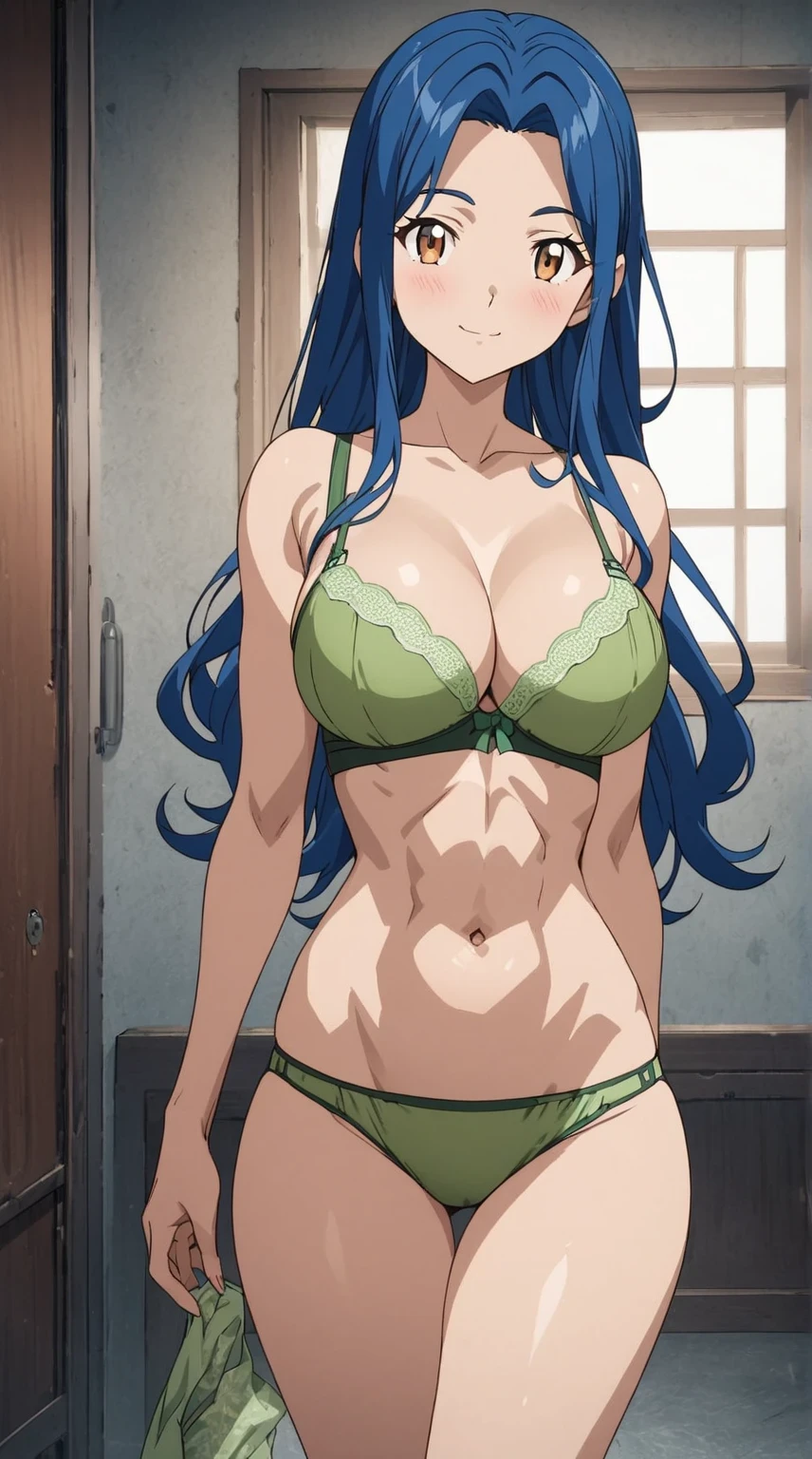 score 9、score 8 up、score 7 up、score 6 up、score 5 up、source anime、anime coloring、 top quality、 high resolution、 Masterpiece、 1girl 、 Digimon Adventure 02 、mimi tachikawa 、anime coloring、cartoon、anime coloring、anime girl in a underwear、 Seductive Anime Girls 、Alone、 long hair、Blue Hair、 brown eyes、hair intakes、 wave hair、 medium hair、amount、parted bangs、 light smile、Green underwear、Green Bra、green panty、Big Breasts、cleavage、navel、midriff、stomach、collarbone、abs、biceps、triceps、deltoids、thigh muscles、 girl with big breasts、 toned body 、 standing、detailed fanart、commission for high res、OC Commission、danbooru and artstation、high quality fanart、bra with an green、panty with an green、looking at viewer、 cowboy shot、Female focus、bra and panty only、