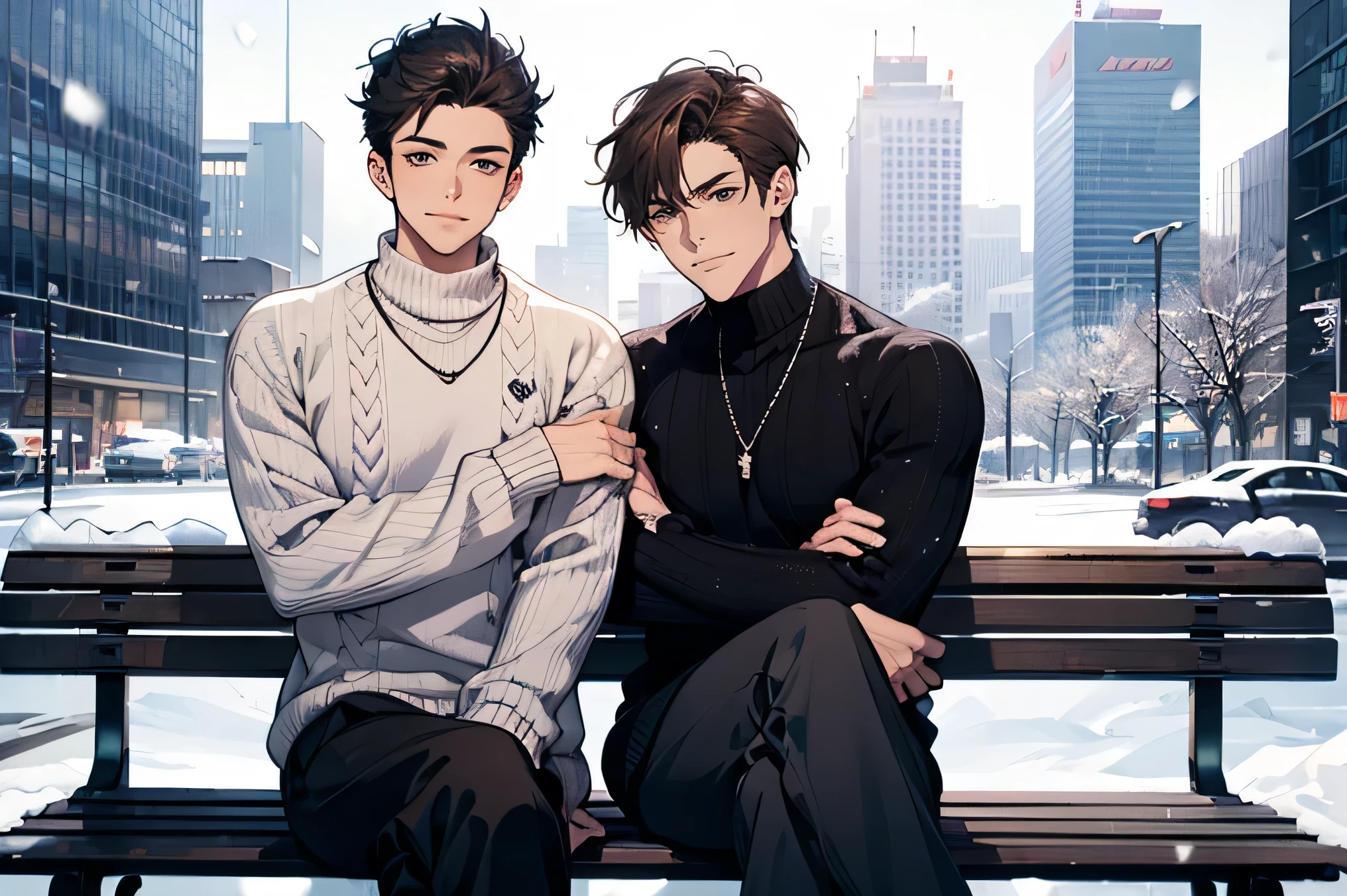日本人duo handsome short dark hair short cropped male duo Slim figure white thick knit sweater Black R long pants sportsman type man Background is snow Just snow futuristic city skyscrapers and highways in an upper body composition universe Sit on a bench and look at the camera cross your legs smile maleduoでベンチで座る