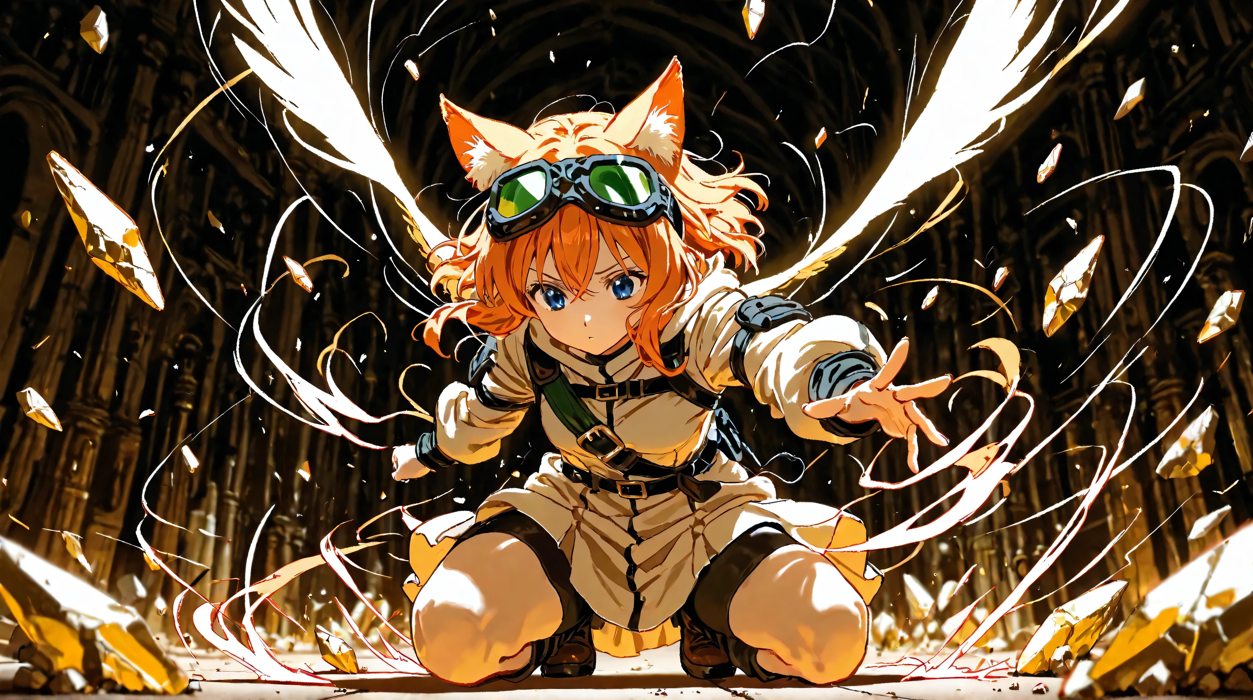 1girl, (Goggle and nekomimi on head:1.2), The Beginning of All Things, reaching for shards of water drawing the body away, dynamic form, expressed in full, seven-colored radiance, bold contours in high contrast as if traced by a magic pen, shadows beautifully deepened