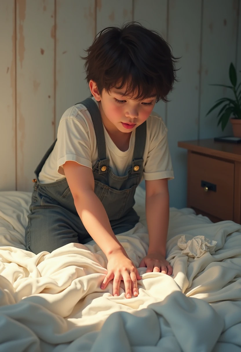 high school boy in bed cleaning sheets with tissue