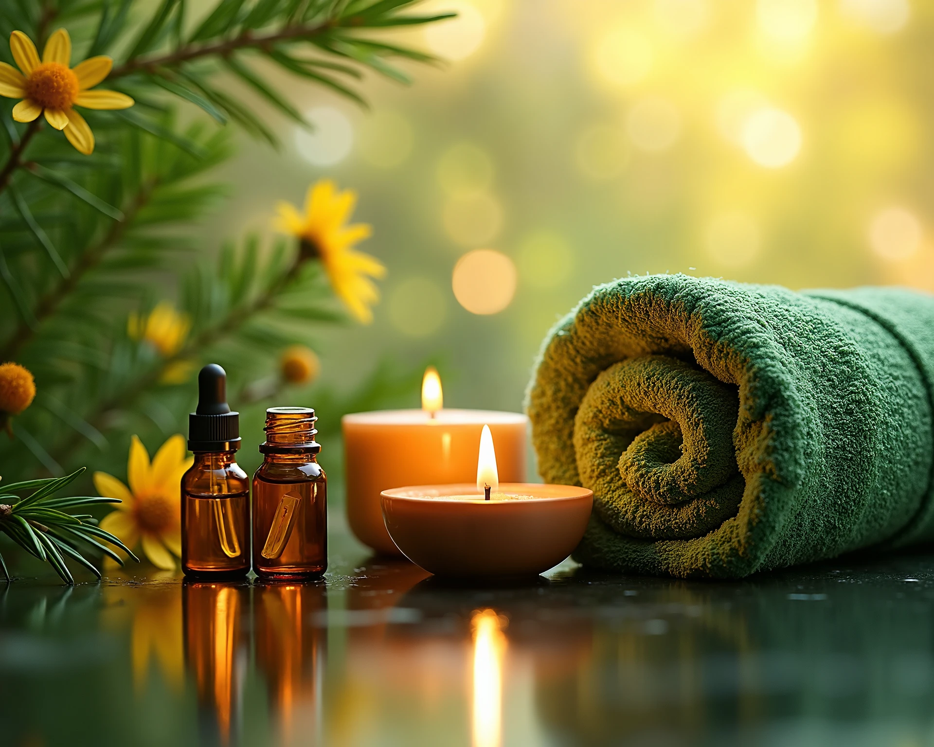 A minimalist Japanese style scene,There is a gurgling stream.Stone platform covered with ferns located deep in the tranquil forest bokeh background、Light two scented candles,Rose、White silk scarf、SPA energy crystals of various colors、Exquisite transparent SPA essential oil in glass bottle,Create a fresh、Bright、Relaxing and comfortable atmosphere,Evoking a sense of tranquility and simplicity。A peaceful aura or meditative state has a warm and pure atmosphere