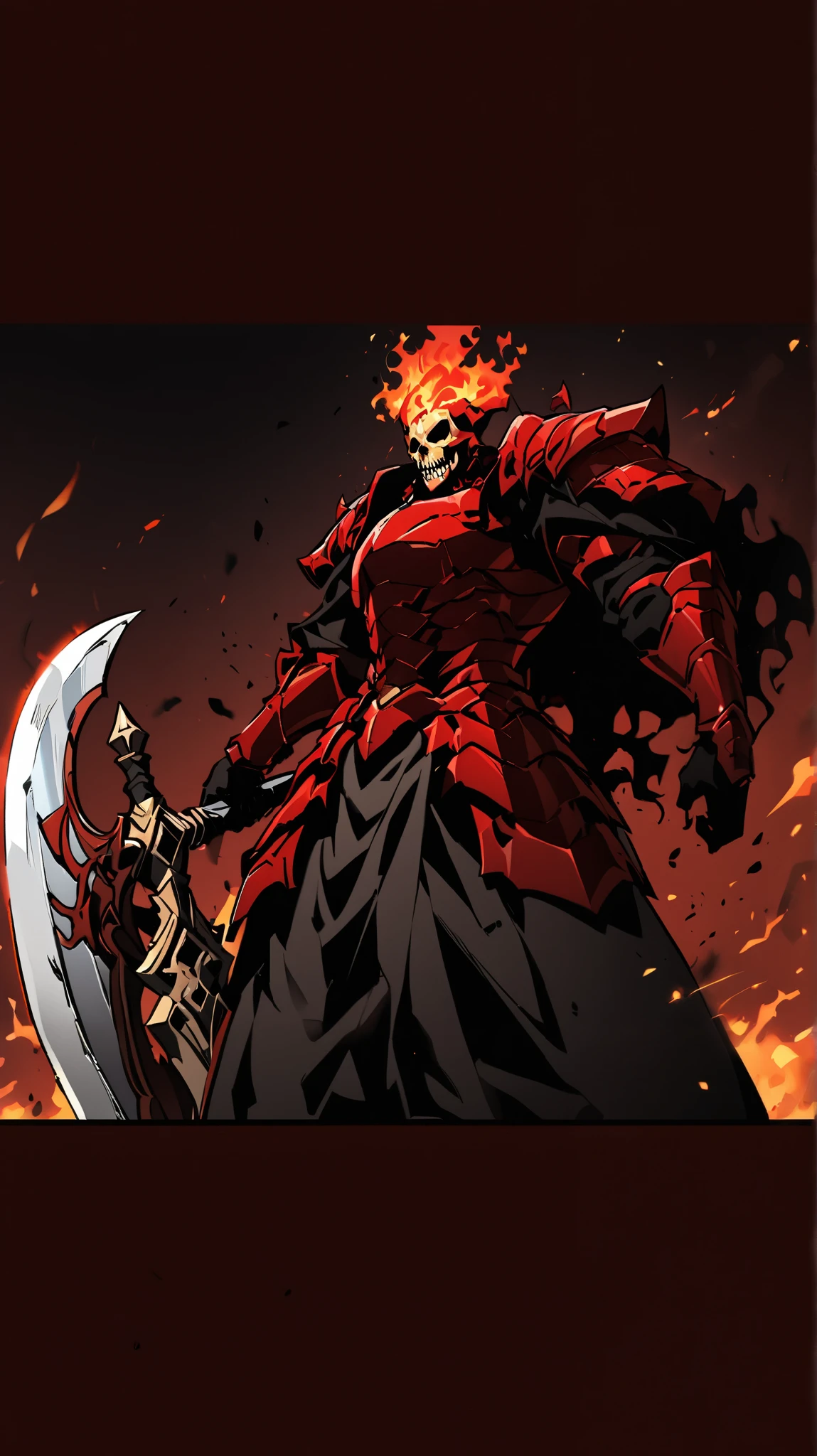Make the 9 concepts that are the primal gods of the universe: 2. Triferus the primal God of the deepest Abyss in the Underworld I understand ! I will create an image of Triferus in Korean Manhwa style ,
- Powerful Demonic Warrior
- Burning black and red armor
- Skull face
- Black handles
- Huge sword in flames
- Man and his color is fire red.