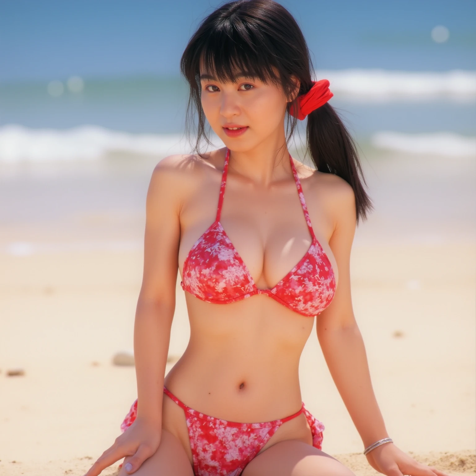 Japanese beautiful girl, 20years old, (masutepiece, Realistic, Photorealistic, Best Quality, high resolusion:1.4), (Highly detailed), (Sexy red bikini:1.25), cleavage, Large breasts, slender, Angelic smile, (Medium bob with inner curl:1.2), (Looking at Viewer:1.4), Natural light, (very low angles:1.4), Photo Studio, black background