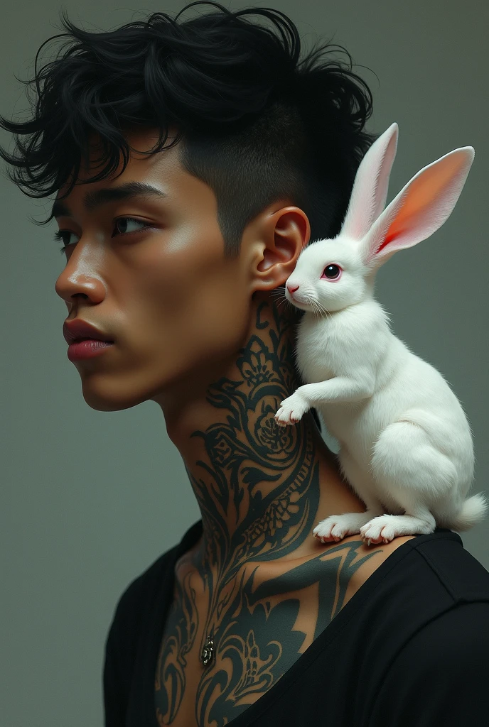 Young handsome cute beautiful skinny white face without shirt con un conejo animal