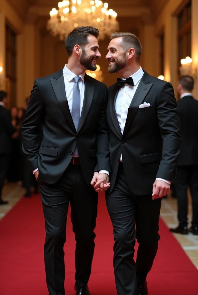 Two freemasons in tuxedos and masonic aprons, 35 years old, well groomed, stand facing each other in profile. Both look determined. Full body visible.