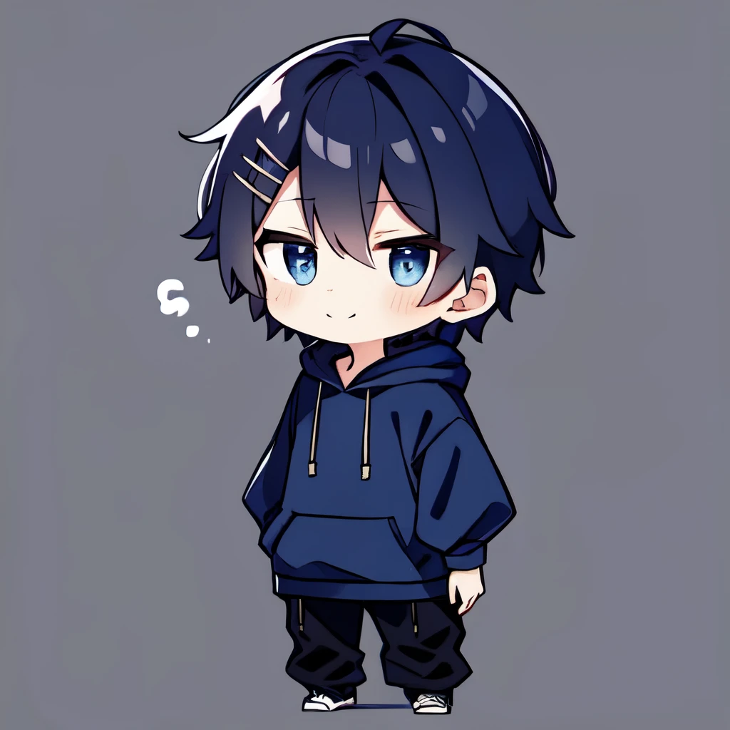 chibi, hair, Is wearing a hoodie , full body, soft expression, mature, simple background,
One boy , alone, Dark Blue Eyes, happy,黒いhair, shorthair, hair_ Ornament , is puffy _ sleeve, shirt, short_ sleeve, looks embarrassing, tall