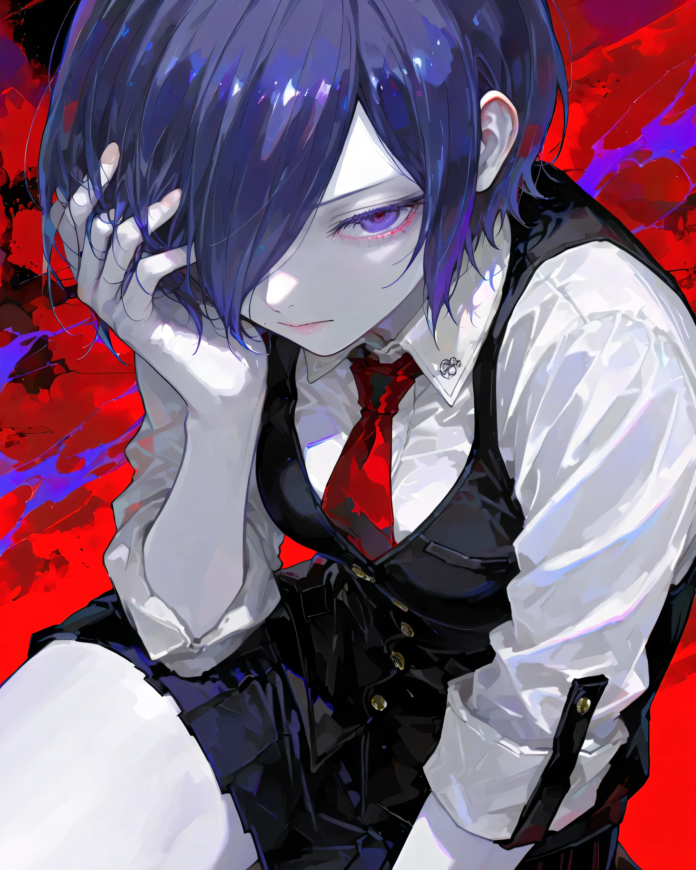 Kirishima touka, Tokyo ghoul, anime girl, Beautiful face, beautiful white skin, blue-purple hair, Short hair, Tuka Kirishima hairstyle, covering her hair on the left side of her face, blue-purple eye , School clothes, beautiful body, white light jacket, red tie, short skirt, Black jacket, strategic position, , black jacket contains threads and chains, bad girl , Beautiful girl, Tsondry, kirishima touka , Bloody background
