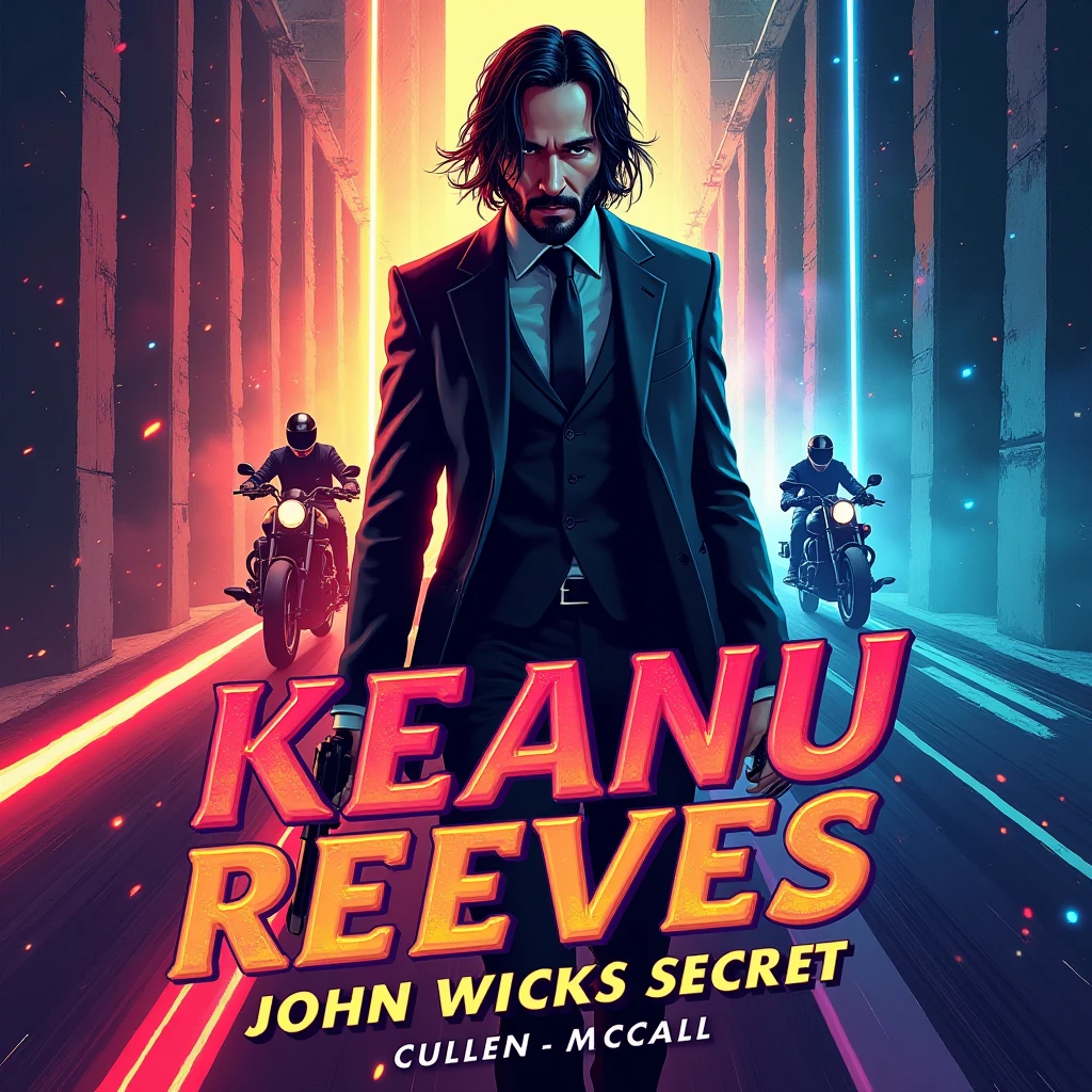 "Design a vibrant and action-packed ren's book cover for KEANU REEVES: John Wick's Secret, authored by Cullen McCall. The cover should creatively showcase Keanu Reeves in a -friendly, adventurous style, blending fun elements inspired by his famous movie roles — a sleek suit from John Wick, futuristic vibes from The Matrix, and a dynamic motorcycle scene nodding to Speed. The background should be colorful and cinematic, with hints of mystery and excitement, such as glowing paths and hidden secrets.

Ensure that all text is unobstructed, fully legible, and does not blend with similar colors in the background. Use bold, energetic fonts in contrasting colors that stand out clearly against the background. Avoid dim or overly dull shades. The title KEANU REEVES: John Wick's Secret should be prominent, and the author name, Cullen McCall, should be visible and stylish but not overpowering. The overall design should be thrilling, imaginative, and appealing for young readers." The size should be 625 by 1000 px