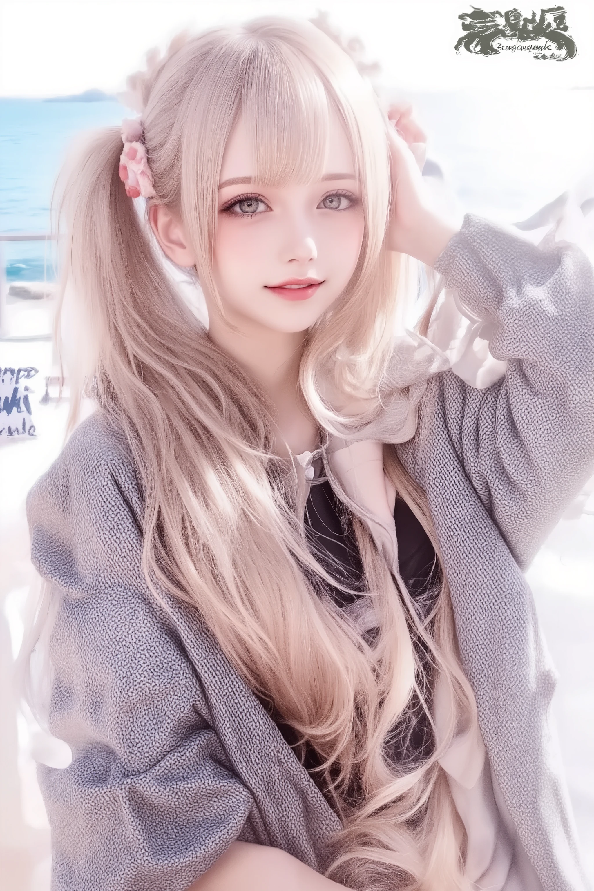 masterpiece, best quality, 8k, highres, ultra-detailed,HDR, UHD, studio lighting, ultra-fine painting, 1girl,solo, long brown hair, kind smile, Mountain parka,very detailed Houndstooth pattern, black bikini, beach cafe Background,soft ocean waves spreading in the distance , Relaxed and cheerful atmosphere , Warm Soft Lights