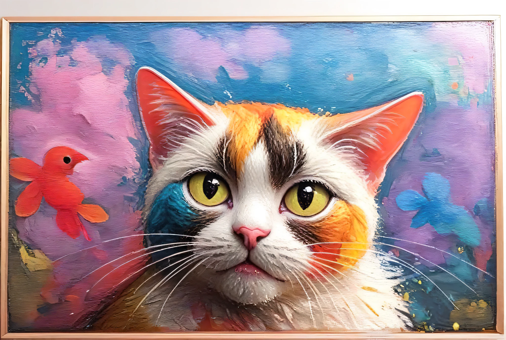 Cat Painting with bright colors on it's face, Detailed painting 4k, in a Cat Painting, a Cat Painting, Cat Painting, detailed 4k painting , Vector art by 、 Colourful and Detailed , Amazing Art , Amazing Paintings , Beautiful Art , brightly colored parrot painting , highly detailed 4k painting , Amazing Art, Awesome cat