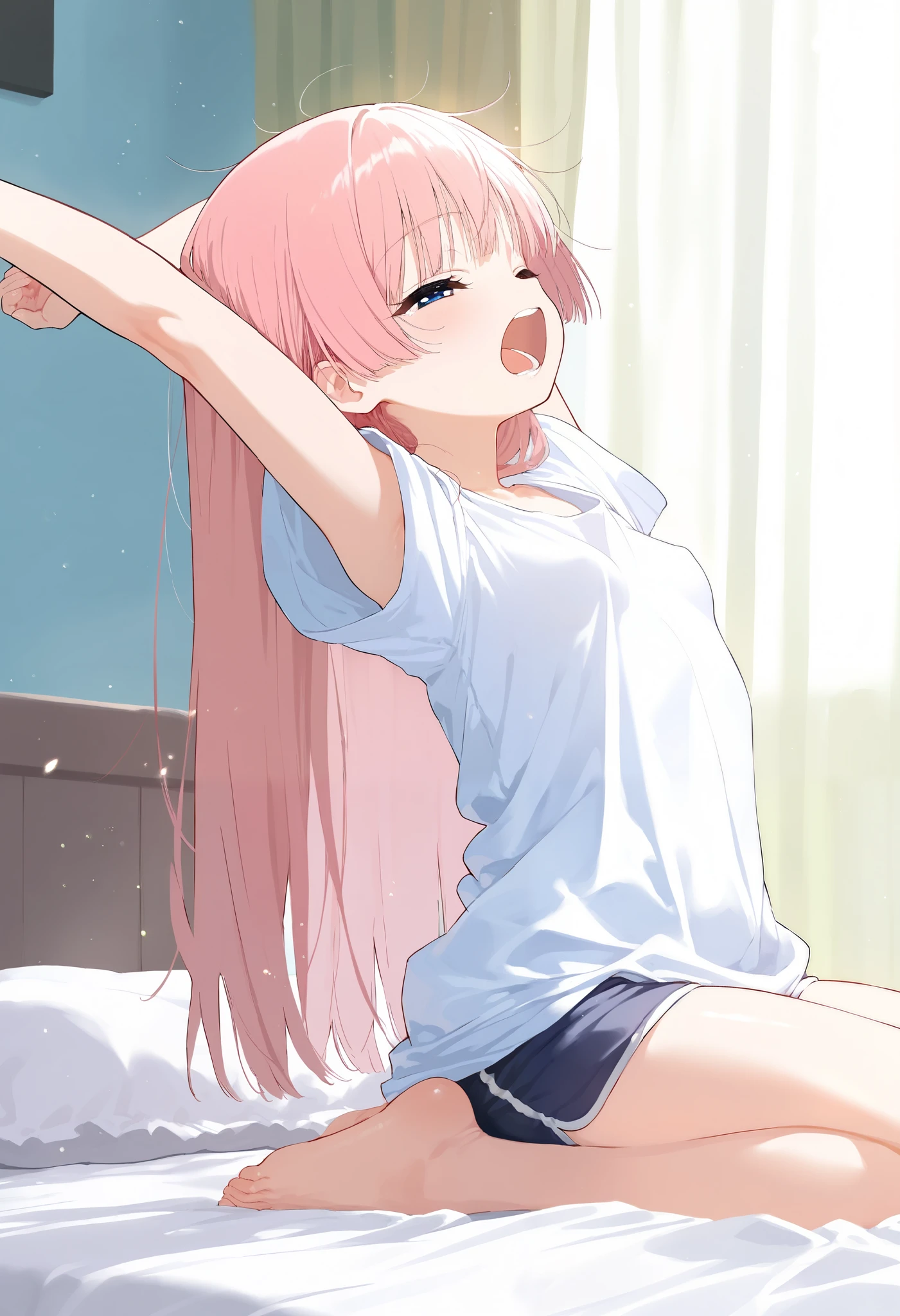 cute girl, living room, short shorts, shirt, thigh, lying on couch, armpit, (red:1.2) pink hair