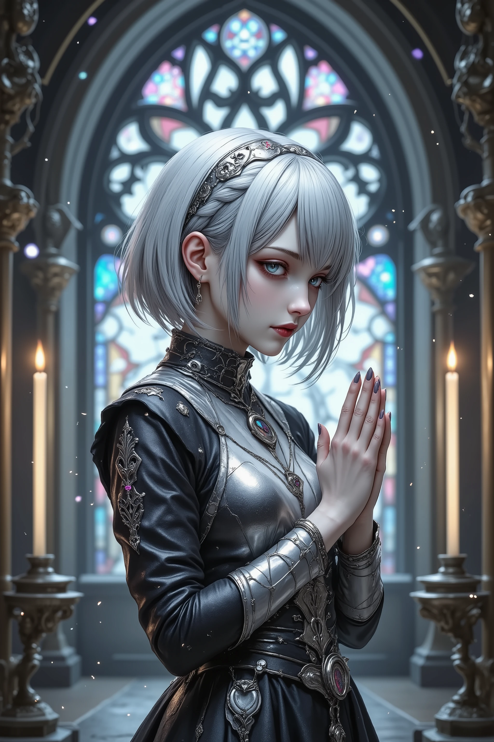 Retro Futurism style,Cracking,vintage sci-fi aesthetics,soft pastel glow,1girl,cyber-nun, Gothic fashion B,short white hair,metallic habit with neon accents,praying stance,hovering metallic candles,futuristic cathedral,stained glass with holographic patterns,blend of technology and faith,She is a descendant of Satan, a requiem, dark and dark and dark and dark, absurd, irrational, ridiculous, the embodiment of violence, a symbol of hate, one of the world's great art, destroy it, we will see the end. Wax, Burial and Burial Bury Deep Bury Deep Bury Deep Deep,ethereal and otherworldly atmosphere