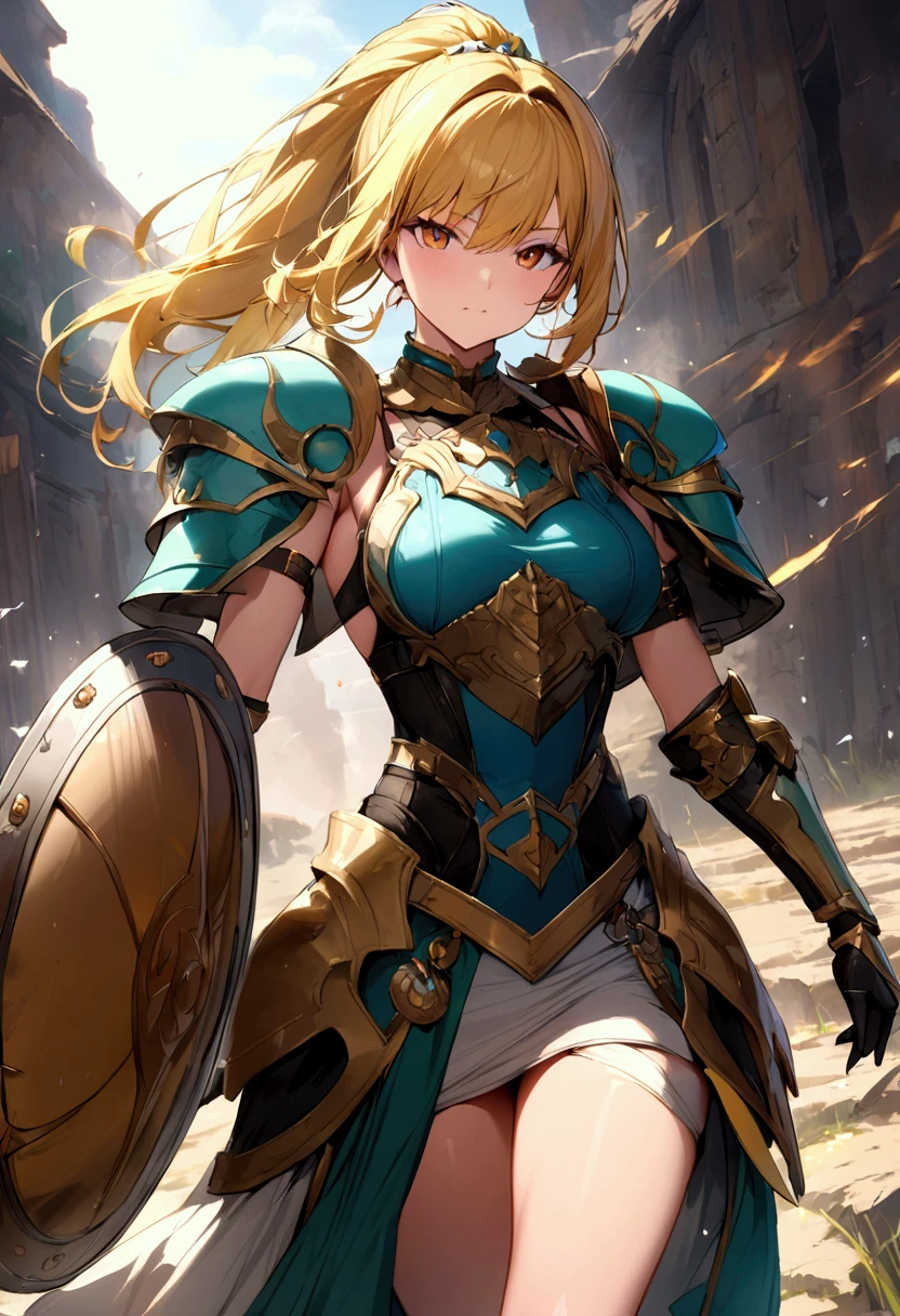 (masterpiece),(best quality),(ultra-detailed),(best illustration),(best shadow),(absurdres),(detailed background),(very aesthetic), 1girl, solo, long-hair, blonde-hair, armor, breasts, navel, boots, looking-at-viewer, cleavage, medium-breasts, armored-boots, midriff, bare-shoulders, simple-background, antenna-hair, high-heels, green-eyes, standing, hair-ornament, gauntlets, greaves, skirt, gloves, collarbone, blue-eyes, very-long-hair, aqua-eyes, high-heel-boots, floating-hair, smile elbow-gloves, ((golden armor)), ultra ornamental details, white details
