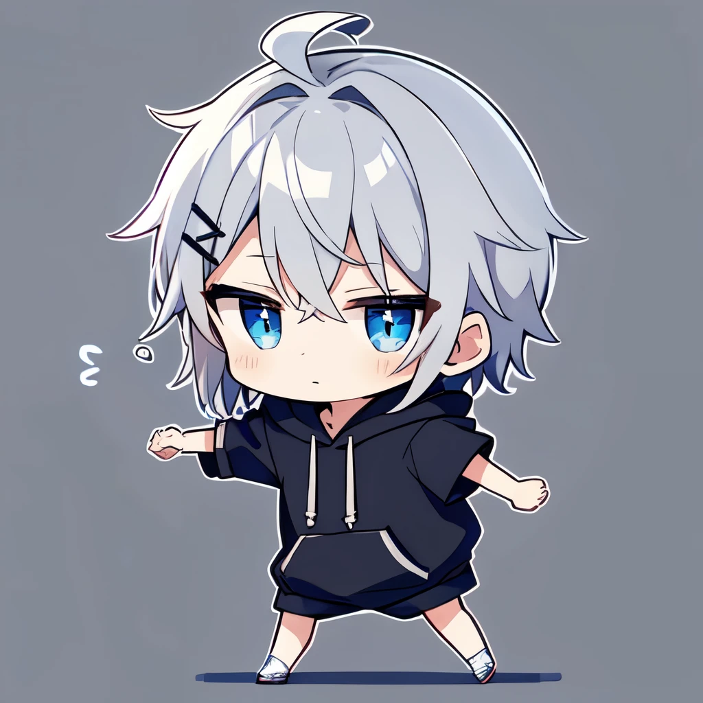 chibi, hair, Is wearing a hoodie , full body, expressionless , simple background, dancing
1 boy , alone, blue eyes, happy,Gray hair, 長い hair, 前hair, hair_ Ornament , is puffy _ sleeve, shirt, short_ sleeve,巻きhair,Belligerent