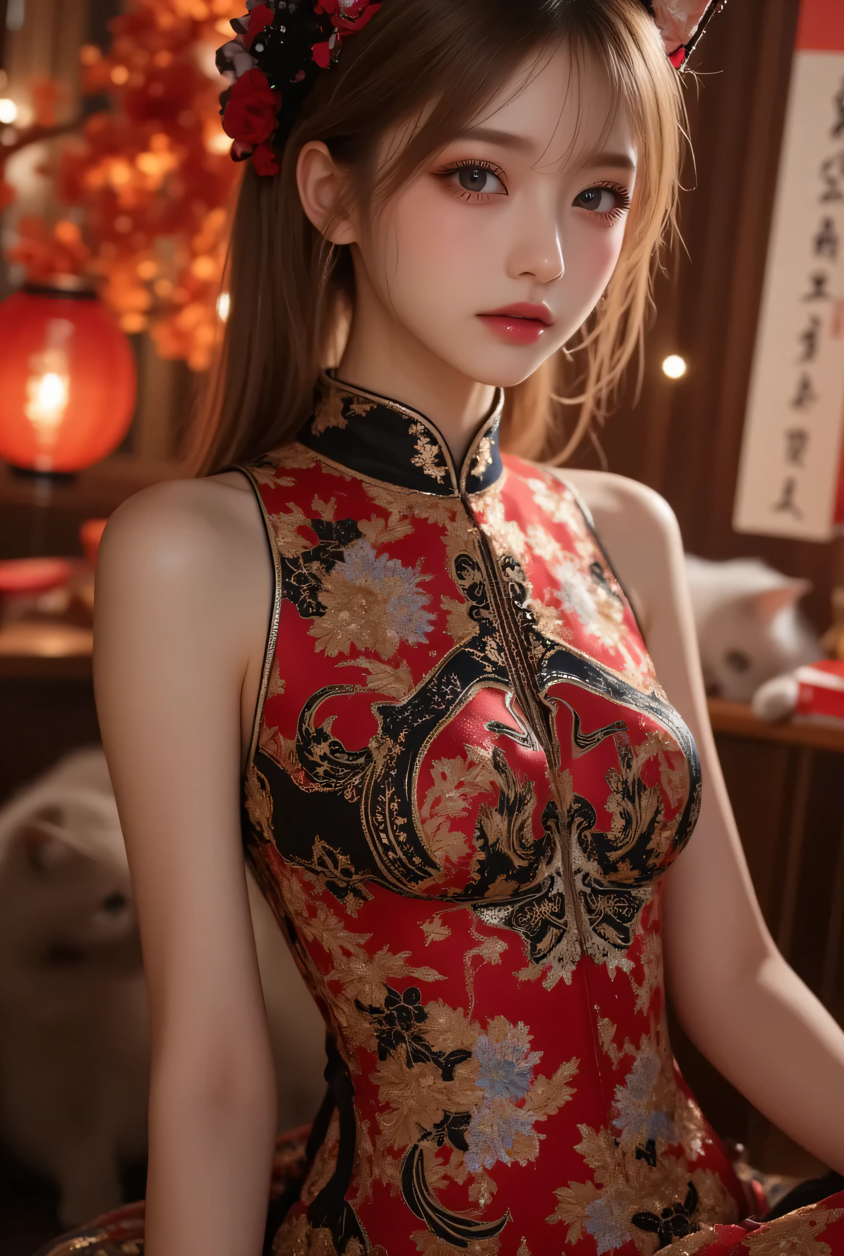 Non-NSFW、Realistic、Highest quality、Highest quality、masterpiece、Ultra-high resolution、RAW Photos、Realistic、Bright lighting、Face Light、Smooth Professional Lighting、Looking into the camera、alone、Adult female、Beautiful woman、Super Beauty、Realistic肌、Moisturized Skin、Realistic eyes and faces、Perfect model body shape、Beautiful Eyes、Big eyes、Inconspicuous tear bags、slim、Medium sized big breasts、No bra、Beautiful fingers、Very short hair、Jet Black Hair、Iris、Looks happy、(Both ears are hidden by hair)、(((Red costume)))、Fantasy World、(((Holy Lady)))、Inside the temple, Small Ass, A konigsreuter,(no good:1.5), (Sleeveless High-Slit red cheongsam clothes:1.6),(Cowboy Shot:1.6)