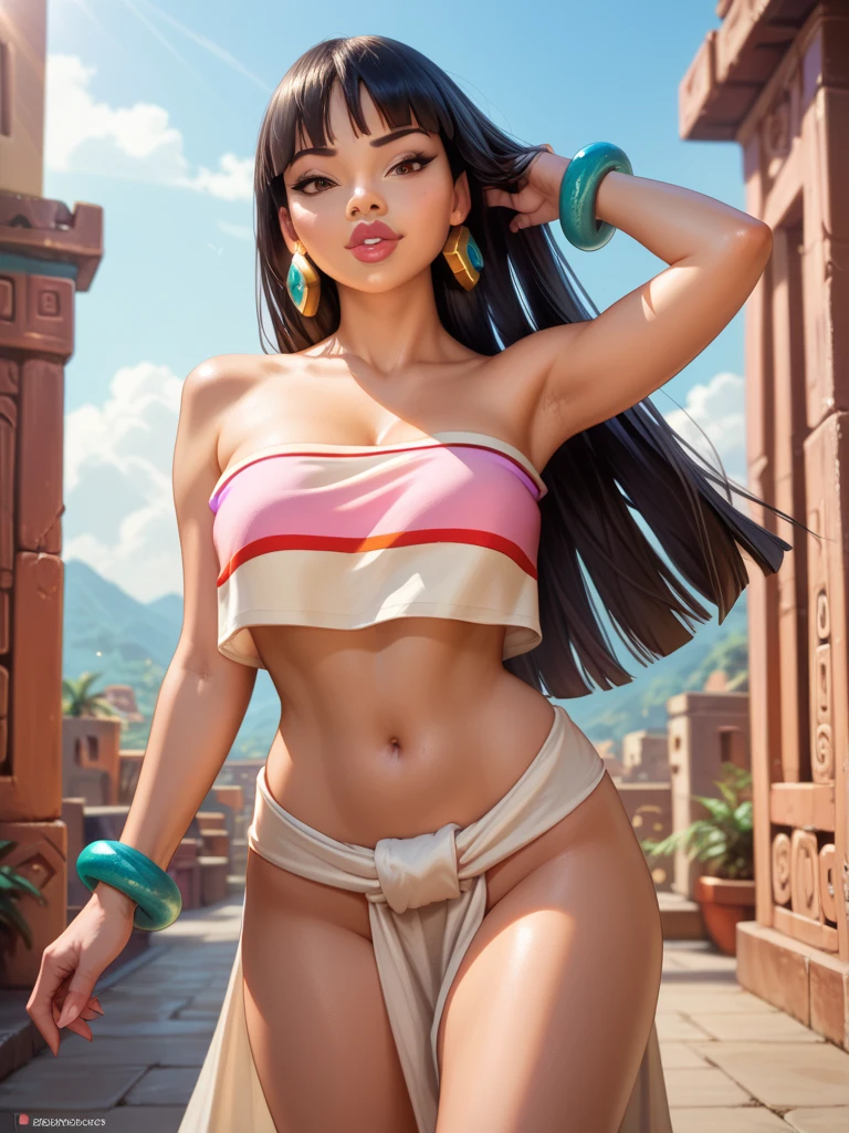 (Hyperrealistic Nude sexy tanned Polynesian|Asian adult woman, long_hair, hourglass figure, perfect eyeliner:1.2), (masterpiece:1.4, best quality), medium breasts, unity 8k wallpaper, ultra detailed, (crowded tiki bar background, wearing nothing:1.3), alluring pose, upper body, narrow_waist, beautiful and aesthetic, detailed, solo