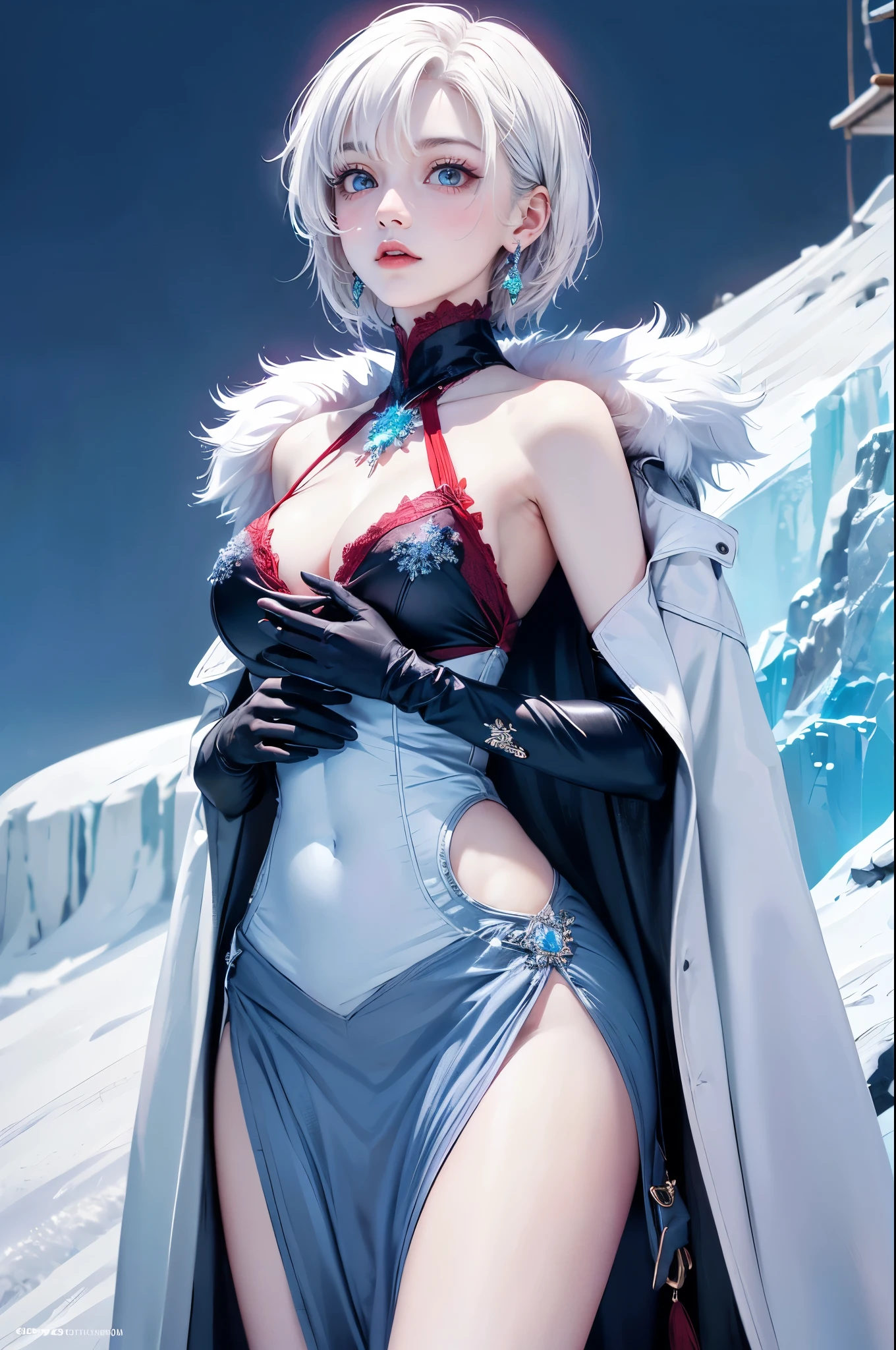 One girl, young girl, ((short hairs, white hairs)), ((pale skin)), icy mountain top, semi realistic, blue eyes, gloves, hair ornaments, semi realistic,blue crystal, earrings, snowflakes, ((extremely detailed eyes)),((excessive red blush)), red blushing nose, ((coat, fur)), light directly on face, glowing face, extremely wide hips, wide chest