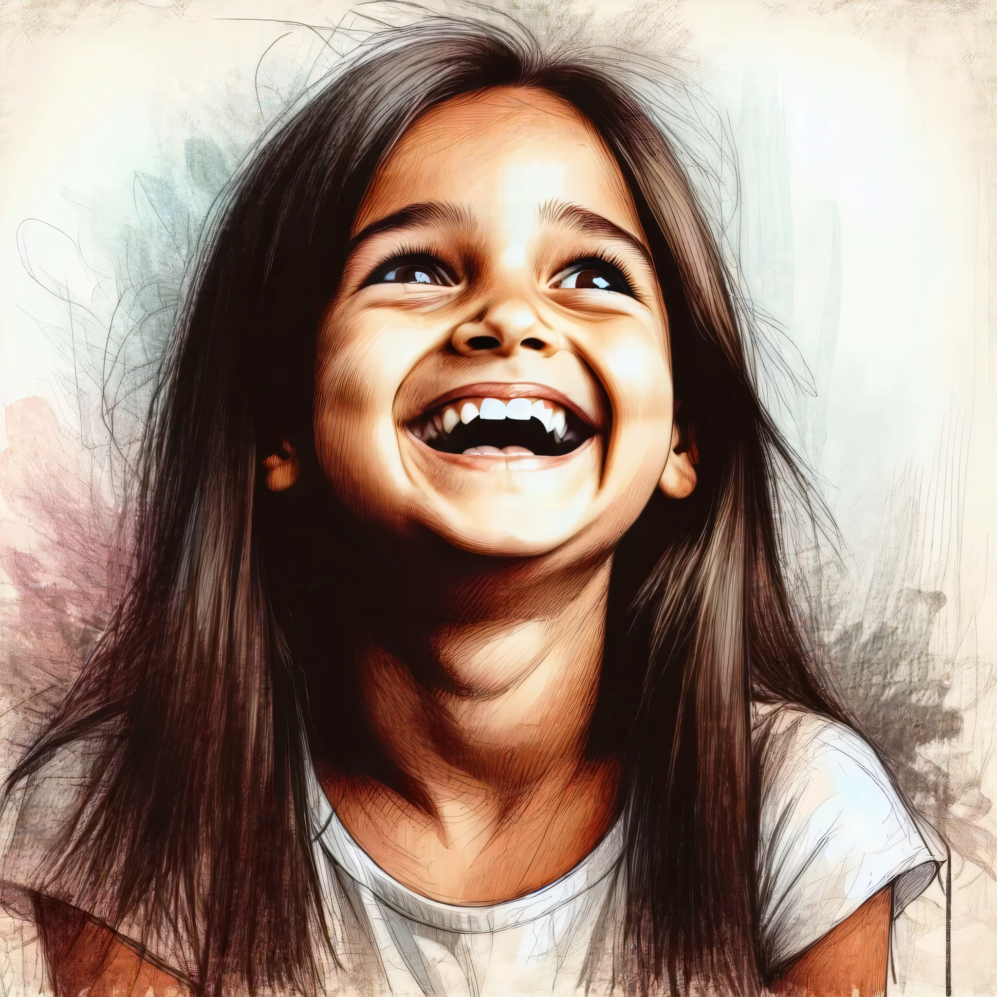 A unique and diverse portrait of a beautiful girl with long hair, captured in a moment of pure joy as she laughs with her mouth wide open. The realistic rendering and rough pen strokes add a touch of rawness to the image, while her adorable eyes and head and shoulders style make her truly captivating.