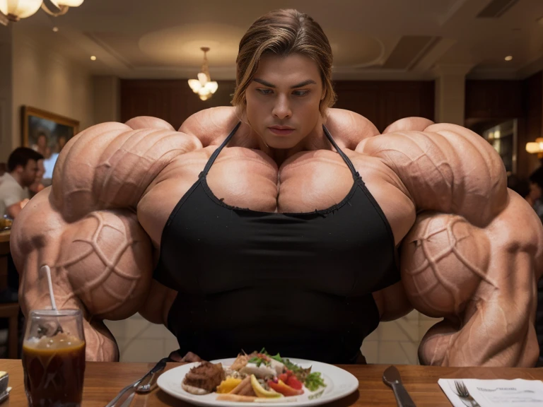 1boy, giant, model shoot style, illuminating light, strong body, bulk, large size, sitting & eating meal, in the white interior room, nude, white triangular underwear, prominent bulge, big, brutalmass, giant, muscular body, bulk, massive body, large meaty body size 