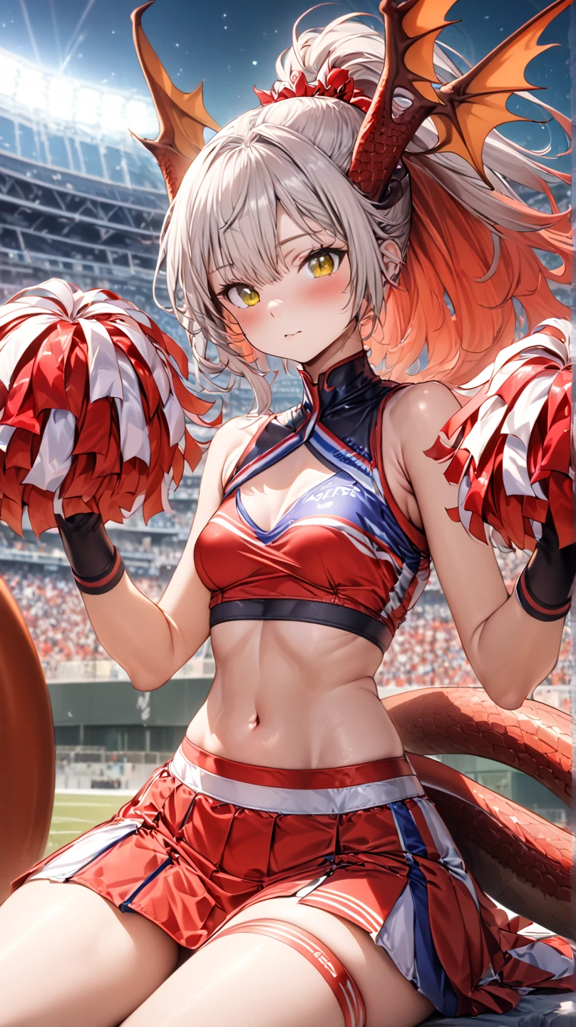 ((((masterpiece, best quality, high resolution)))), Extremely detailed 8K, Beautiful girl with voluptuous body, (Ultra HD, Ultra-detailed, Highly detailed, Highly realistic, Ultra-realistic, photograph realistic), (1girl:1.5), (Realistic white hair), (short silky hair, hair ornaments, earrings), (dynamic poses), facing at camera, looking at viewer, (blushing red, embarrassed, exhausted, smirk), (bright red eyes, sharp eyes), (small perky breasts:1.2), (wide hips:1.2), (beautiful detailed face, beautiful detailed eyes), ((cheer leader outfit, skirt)), (standing up:1.3), sweat, glow, (sunbeam, sunlight), ((cowboy shot)), seductive, glistening sweat