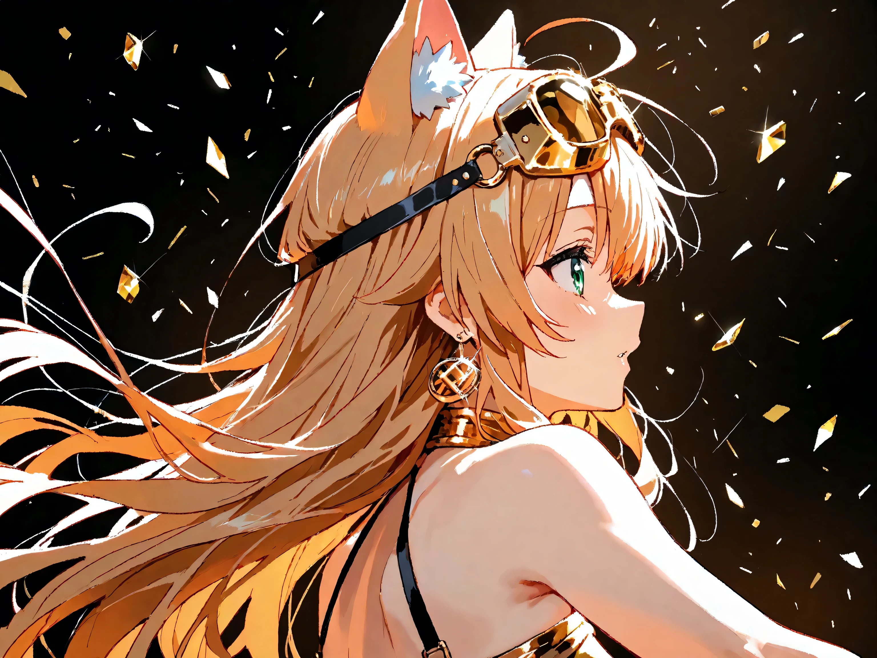 1girl , (Cat ears、 women in the world always wear goggles and cat ears), ( I wear luxury gold goggles on my head ), Greatest Masterpiece in History , profile, The Beginning of All Things, reaching for shards of water drawing the body away, dynamic form, ((expressed in full, seven-colored radiance:1.2)), bold contours in high contrast as if traced by a magic pen, shadows beautifully deepened