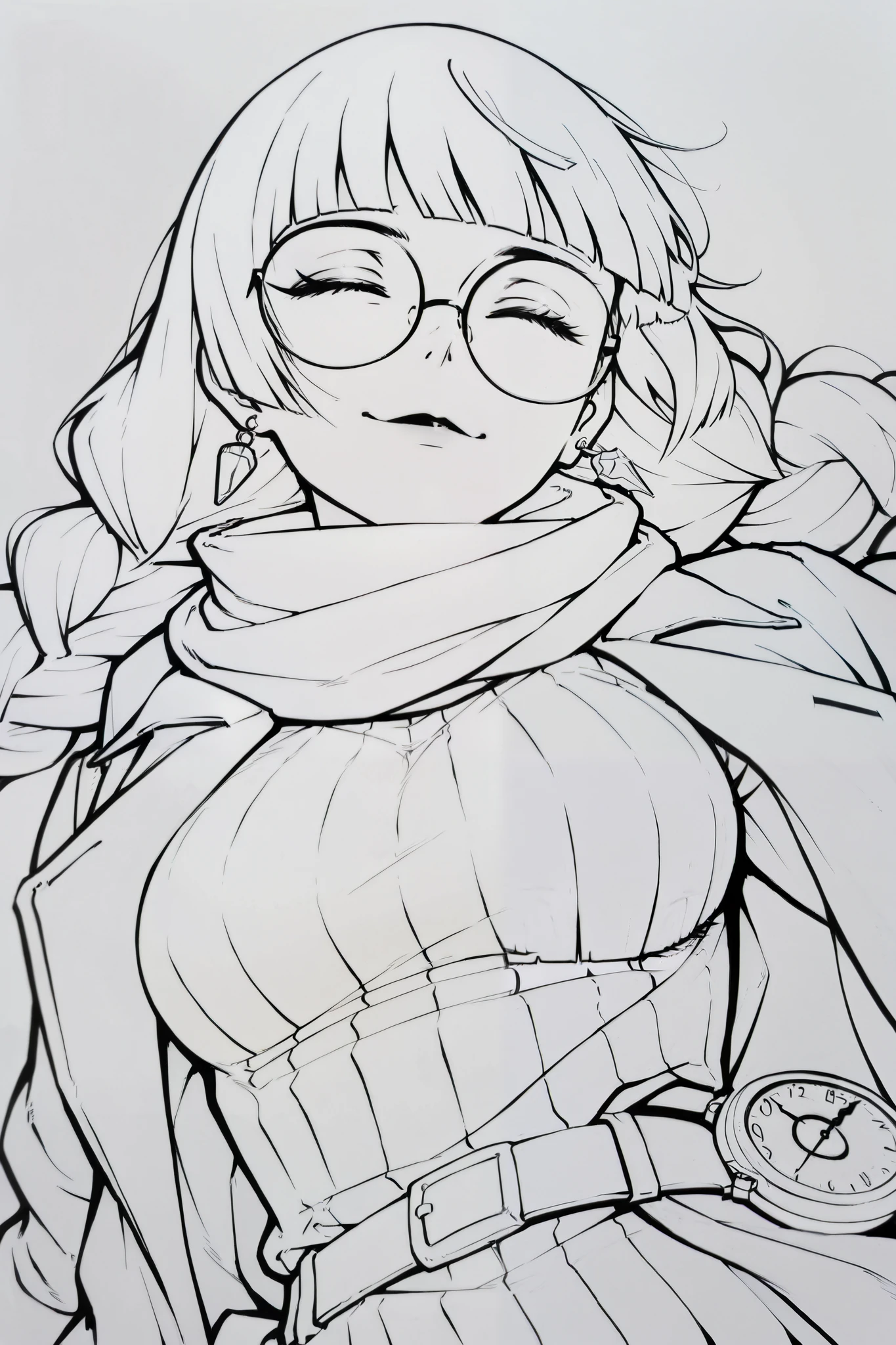 score_9, score_8_up, score_7_up, score_6_up, score_5_up, score_4_up,
BREAK
(masterpiece: 1.0), best quality, perfect anatomy, perfect composition, perfection, 4k resolution, absurdres, very aesthetic, professional artwork, absolutely beautiful, greyscale, lineart, monochrome
BREAK
solo, 1girl, round glasses, white hair, long eyelashes, long hair, braid, blunt bangs, black lips, grey eyes, medium breasts, earrings, closed eyes, happy smile, overcoat, watch, belt, sweater, stripped scarf.