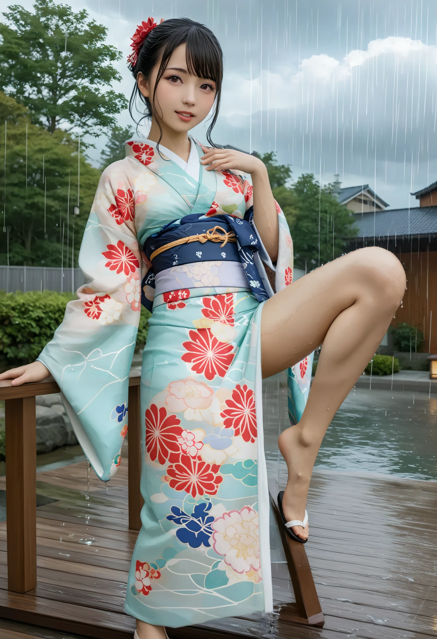 最 high quality 、  high quality 、 最 high resolution、  high resolution、8K quality、  HD 、 最 high quality、  Masterpiece 、  Immersive Footage  、 非常に realistic images 、  realistic images 、  perfect detail 、  high contrast 、High fidelity、  perfect photo 、Close to reality、  Images reproduced in detail down to the smallest detail 、Detailed and realistic human body、Detailed and realistic human skin、 Detailed and realistic face、Detailed and realistic eyes、 Realistic lips drawn in detail 、 detailed and realistic teeth、Realistic ears、 Realistic hair 、(( Japanese model))､((  junior.  idol))､((  middle school girls))、((Young Face))、((  black hair))、((平たい胸､  small breasts))、((  petite figure､  slim figure))、((Full body glossy skin))､((Traditional Japanese Garden))、((Rain clouds spreading across the sky))、((Heavy rain weather))､(( downpour))、((Stormy wind and rain))、((( see through. floral kimono)))、(((Transparent Vinyl. floral kimono)))､((( downpourの中でアウトドア( beautiful posture)))、(((Drenched and wet skin all over )))、((Rain dripping from wet kimono ))、((( I can clearly see her skin from under her wet kimono)))､((( raise one leg. sexy pose )))､(( subject close-up))