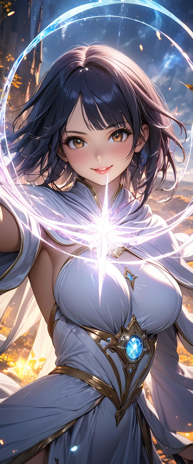 a beautiful detailed girl with long brown hair and bangs,extremely detailed blue and red eyes,a pink halo,big dark vampire wings,smiling,high quality,8k,photorealistic,ultra-detailed,realistic portrait,cinematic lighting,dramatic colors,dramatic atmosphere