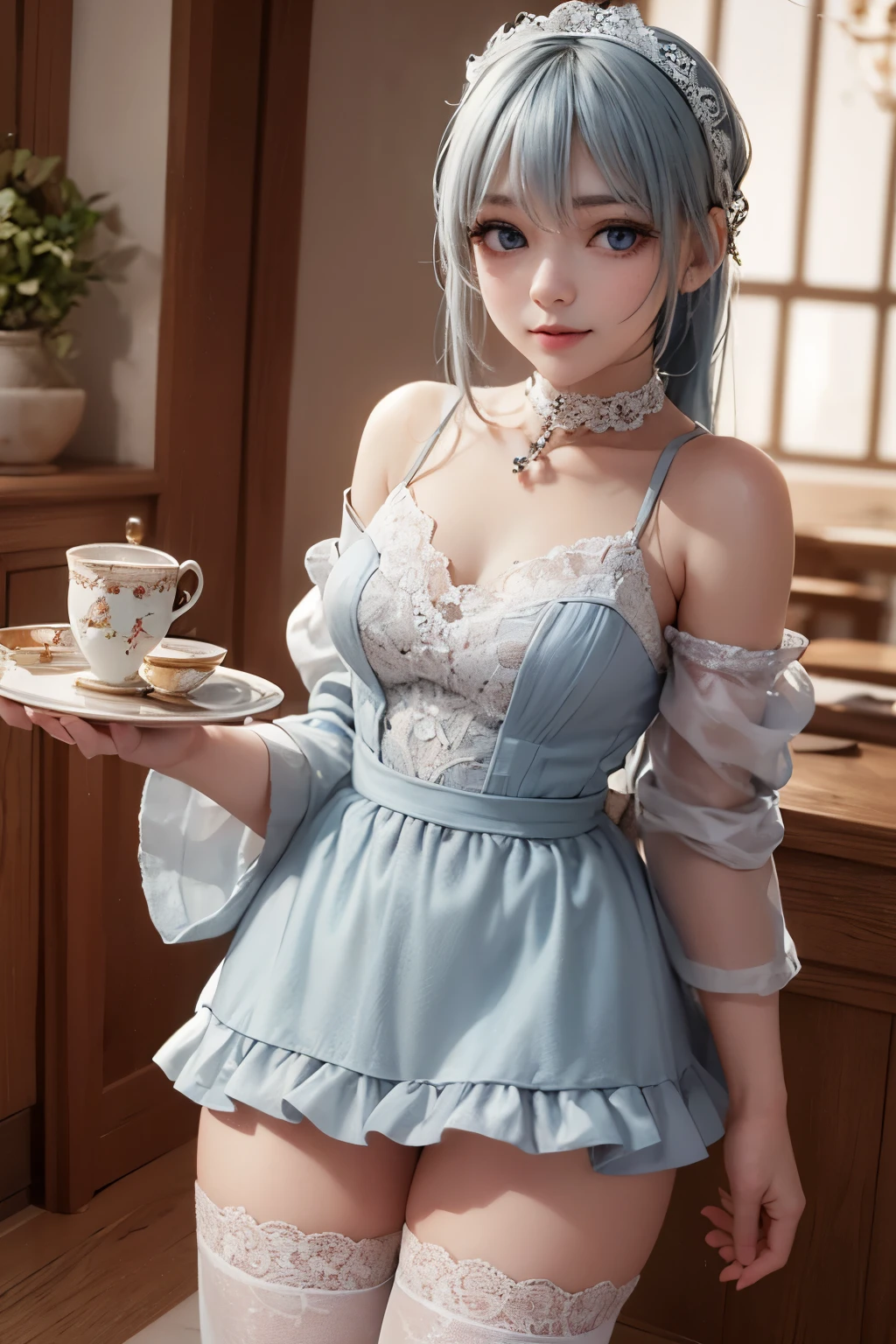 A hyper-realistic, ultra-detailed full-body 3D-rendered image of a -year Japae girl named Kanon, dressed in an elegant light blue maid outfit. She has silky, light blue twin-tail hair, styled with delicate lace ribbons, gently flowing with her movement. Her light blue eyes sparkle softly, reflecting the warm indoor lighting. A slight rosy flush on her cheeks adds to her charming and youthful look.
She is wearing a beautifully detailed light blue and white maid dress, featuring a frilled apron, puffed sleeves, and intricate lace trims. The white corset-style bodice is elegantly fitted, highlighting her slim figure, while the layered skirt flares slightly with each step, adding a sense of movement. A white lace choker with a small blue gemstone pendant rests on her collarbone, completing the refined aesthetic.
Her pose is charming and graceful, as she tilts her head slightly, holding the edge of her skirt with one hand, while the other hand gently places a silver tray against her waist. Her lips are curved into a warm, polite smile, and her eyes convey a soft, inviting expression. Her delicate fingers elegantly grip the tray, showcasing refined posture and elegance.
She wears white thigh-high stockings with delicate lace trim, paired with stylish black Mary Jane shoes. The soft folds of her stockings subtly highlight her slender legs, adding to the overall balance of elegance and charm.
The background is a beautifully decorated classic European-style café, with warm golden lighting filtering through vintage-styled windows. The interior is filled with ornate wooden furniture, neatly arranged teacups, and a softly glowing chandelier. The faint aroma of freshly brewed tea and pastries fills the air, adding a cozy and welcoming atmosphere. A large antique mirror reflects her figure, subtly enhancing the sense of space and realism.